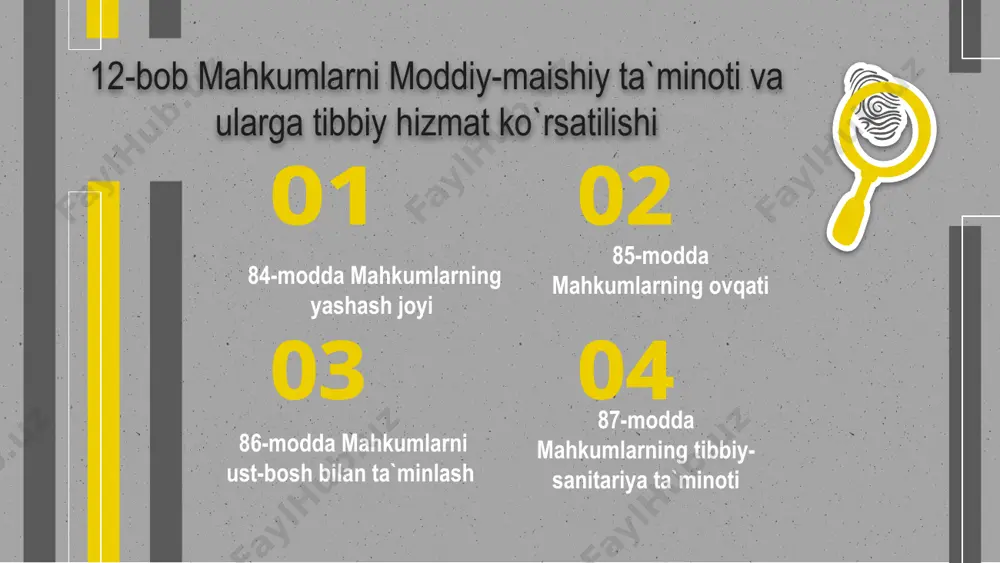 an mahrum etishga hukm qilingan shaxs jazoni ijro etish muassasasiga qabul qilish chog‘ida, jazoni o‘tash paytida vaqti-vaqti bilan, biroq olti oyda kamida bir marta, shuningdek murojaatlarga ko‘ra tibbiy ko‘rikdan o‘tkaziladi. tibbiy tekshiruvdan o‘tkazish maxfiylik shartlari asosida amalga oshiriladi. ozodlikdan mahrum etishga hukm qilingan shaxs jazoni ijro etish muassasasiga qabul qilingan paytdan e’tiboran o‘n besh kun ichida u bilan suhbat o‘tkaziladi, mahkum jazoni ijro etish muassasasining karantin xonalarida tibbiy ko‘rikdan va sanitariya-gigiyena tadbirlaridan o‘tadi. shoshilinch tibbiy yordam ko‘rsatish zarur bo‘lganda ozodlikdan mahrum etishga hukm qilingan shaxslar o‘zbekiston respublikasi sog‘liqni saqlash vazirligining hududiy muassasalariga joylashtiriladi. mahkum og`ir kasallikka chalingan bo`lsa jazoni ijro etish mamuriyati unining roziligi bilan uning yaqin qarindoshlariga xabar beradi. shaxs og‘ir kasallikka chalingan taqdirda, telefon orqali qo‘shimcha so‘zlashishga, shuningdek shifokorning ruxsati bilan qo‘shimcha uchrashuvga ruxsat beriladi. o‘zbekiston respublikasi ichki ishlar vazirligi tomonidan o‘zbekiston respublikasi sog‘liqni saqlash vazirligi bilan kelishilgan holda belgilanadi. ozodlikdan mahrum etishga hukm qilingan shaxslarning tibbiy-sanitariya ta’minoti …