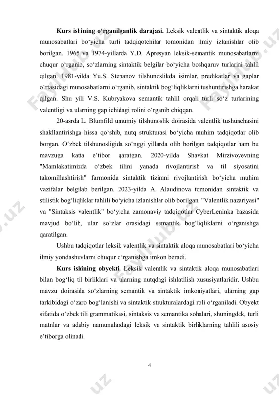 shinaviy tarjima va sun’iy intellekt texnologiyalarini rivojlantirish uchun asos yaratadi. 1. leksik valentlik tushunchasi leksik valentlik – bu so‘zlarning o‘zaro semantik va grammatik jihatdan bog‘lanish qobiliyatini ifodalaydigan tilshunoslik tushunchasi. u til birliklarining bir-biri bilan qanday aloqada bo‘lishi va qanday kombinatsiyalar hosil qilishi mumkinligini belgilaydi. leksik valentlik so‘z birikmalarining shakllanish jarayonida muhim o‘rin tutadi va so‘zlarning ma’nosi, sintaktik imkoniyatlari, grammatik mosligi hamda nutqiy qo‘llanilishiga bog‘liq bo‘ladi. leksik valentlik tabiatan chegaralangan hodisa bo‘lib, har qanday so‘z o‘z ma’nosi va sintaktik talablariga qarab faqat ma’lum birliklar bilan bog‘lanishi mumkin. bu cheklovlar semantik, sintaktik va pragmatik jihatlarga asoslanadi. leksik valentlikning mohiyati uning semantik va sintaktik jihatlariga asoslanadi. semantik jihatdan so‘zlar o‘z ma’nolariga mos keladigan boshqa so‘zlar bilan bog‘lanadi. masalan, "shirin" sifati faqat ta’m yoki his-tuyg‘ular bilan bog‘lanishi mumkin ("shirin meva", "shirin so‘z"), lekin "shirin tosh" yoki "shirin ovoz" kabi birikmalar nutqiy me’yorlarga to‘g‘ri kelmaydi. sintaktik jihatdan esa so‘zlarning grammatik shakli va ularning boshqa so‘zlar …