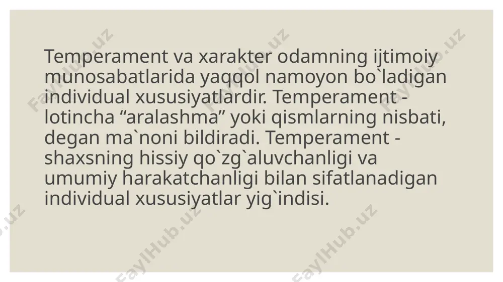 harakatlarning silliqligi va unga qarama -qarshi sifat bo`lgan rigidlik (qotib qolganlik). o`zgaruvchan tashqi sharoitlarga qanday engillik bilan yoki sust va qoloqlik bilan moslasha olish. 7. ekstrovertirovanlik va introvertirovanlik . shuning uchun tarbiyachining vazifasi bir temperamentni boshqasiga o`zgartirishga o`rinib ko`rishdan iborat bo`lmasligi kerak, balki muntazam ish olib borish yo`li bilan har bir temperamentning ijobiy tomonlari rivojlanishiga ko`maklashish va ayni paytda ushbu temperament bilan bog`liq bo`lishi mumkin, salbiy jihatlardan holi bo`lishga yordam berishdan iboratdir.