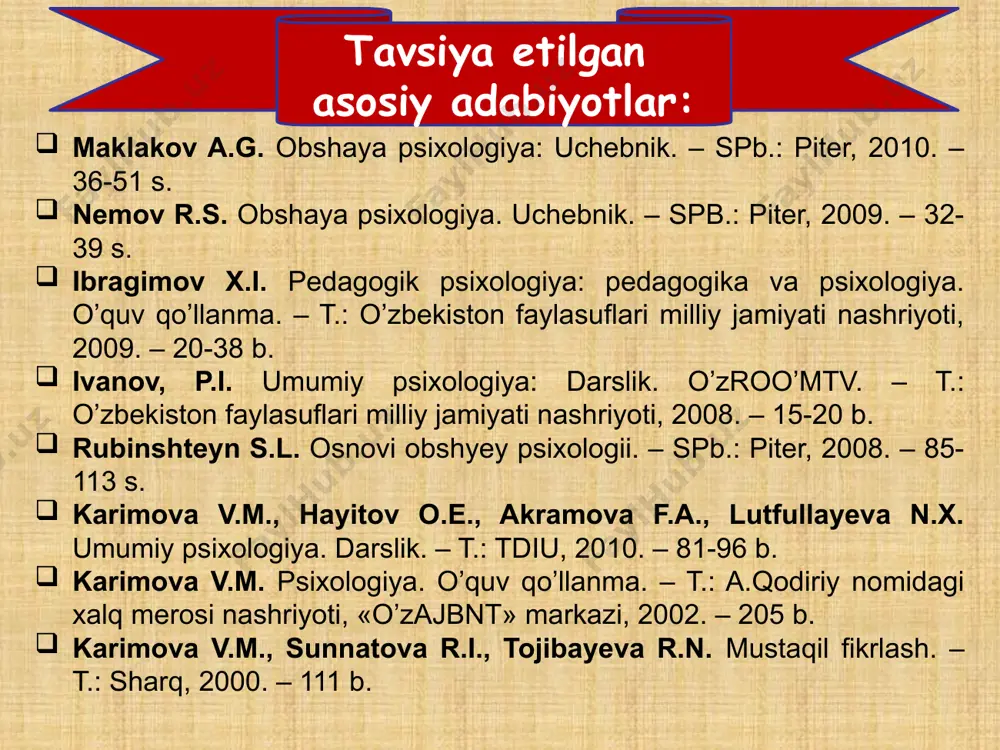 yon eta olmaydilar k.yung klassifikatsiyasi fikrlovchi tiplar. bunday kishilarda doimo mantiq, mulohaza hissiyotlardan ustun bo’ladi va miyasining chap tomoni o’ngiga nisbatan dominanta (ustun) hisoblanadi. bundaylar gapira boshlashsa, ko’pincha, “faysasuf bo’lib ket-e”, deb ham qo’yishadi. chunki ular o’zlarigacha bo’lgan bilimlar, mantiqiy fikrlash borasidagi yutuqlarga tayanib, doimo to’g’ri gapirishga, doimo fikrlarini mantiqan asoslash – argumentatsiya qilishga harakat qiladilar. tafakkur qilish jarayonining mahsullari tafakkur qilish tishunchalar xulosalar hukmlar hukm 1- hukm: o’zbekiston – mustaqil davlat. 2-hukm: qirg’iziston – mustaqil davlat. 3-hukm: qozog’iston – mustaqil davlat. 4-hukm: turkmaniston – mustaqil davlat. 5-hukm : tojikiston – mustaqil davlat. demak, barcha markaziy osiyo davlatlari – mustaqildir. fikrlash jarayonini ta’minlovchi operatsiyalar klassifikatsiyasi fikrlash operatsiyalari analiz sintez mavhumlash-tirish taqqoslash umumlash-tirish fikrlash jarayonini ta’minlovchi operatsiyalar klassifikatsiyasi analiz (fikran narsa va hodisalarga taalluqli sifat va xususiyatlarni alohida qilib ajratish, tahlil qilish) 1 2 sintez (analiz jarayonida ajratilgan qismlarni yana fikran birlashtirish, qo’shish) 3 mavhumlashtirish (alohida biror xususiyatni ajratib, boshqa- laridan …
