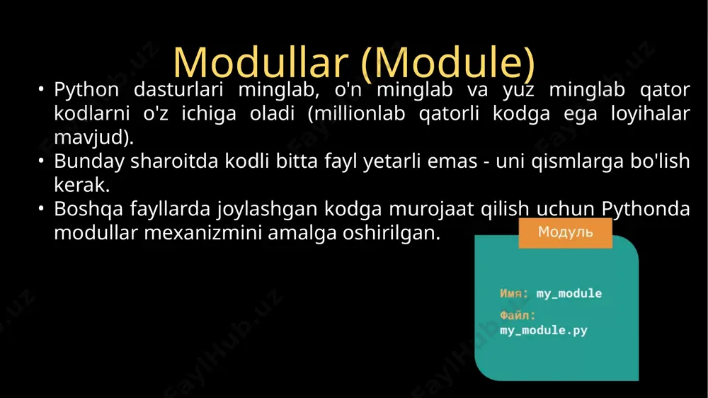 arini tasodifiy tanlash funktsiyalari re - regulyar ifodalar bilan ishlash moduli сollections - ixtisoslashtirilgan ma'lumotlar turlarini - hisoblagichlarni, navbatlarni, tartiblangan lug'atlarni taqdim etadi … chetdagi modullar bular python distributiviga kiritilmagan modul va paketlar boʻlib, ularni python paketlar katalogidan paket menejeri (masalan, pip) yordamida oʻrnatish mumkin. pypi (python package index) - python kutubxonalarining asosiy katalogi. 200 000 dan ortiq paketlarni o'z ichiga oladi: requests (http- python uchun mijoz) numpy (ko'p o'lchovli massivlar bilan hisob-kitoblar) flask (veb-ilovalar paketi) … modulni importlash modulni importlash modul import qilinganda, python undagi barcha kodlarni bajaradi. paket import qilinganda, python, agar mavjud bo'lsa, paketning __init__.py faylidagi kodni bajaradi. modul yoki __init__.py da belgilangan barcha ob’yektlar import kodiga taqdim etiladi. modulni importlash import kalit so'zidan keyin modul nomi keladi. bitta ko'rsatma bir nechta modullarni ulashi mumkin, ammo bu tavsiya etilmaydi. modulni import qilgandan so'ng, uning nomi modul atributlariga kirishingiz mumkin bo'lgan o'zgaruvchiga aylanadi. agar modul nomi juda uzun …