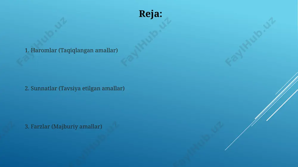 uquqshunosligida makruh amallarni qilish gunoh emas, lekin 3 ta farz namozni qoldirib ketishga o'xshab, tavsiya etilmaydi va ularni qilmaslik afzaldir. farz amallar farz amallar islomda 5 ta namoz (bomdod, peshin, asr, shom va xufton)ni o'z vaqtida ado etishni, ramazon oyida 30 kun ro'za tutishni va agar imkoniyat bo'lsa, makka shahriga haj qilishni o'z ichiga oladi. farz amallarning bajarilishi allohga bo'lgan itoatni namoyon etadi va musulmon kishining 5 ustun deb ataluvchi asosiy amallariga kiradi. ularning bajarilmasligi katta gunoh hisoblanadi. haram amallar islomda 70 dan ortiq turdagi harom amallar mavjud bo'lib, ularning ba'zilari, masalan, ribo (foiz) olish, butun dunyo musulmonlari uchun bir xil taqiqlangan. haram amallar qatoriga 5 ta kundalik namozlardan birini qasddan o'tkazib yuborish, masalan, juma namozini makkada bo'lsa ham ado etmaslik kiradi. e'tiboringiz uchun rahmat @taqdimot_robot image1.jpg image2.jpg image3.jpg image4.jpg image5.jpg image6.jpg image7.jpg