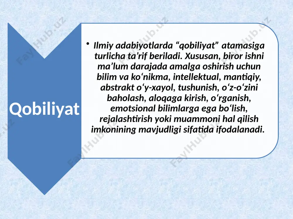 bu inson “aralash” tipga mansub odamdir; tipologiyaning o’ziga xos tomonlari qisqacha ifodalanganda yoki tavsif qilinganida quyidagilar namoyon bo’ladi: 1. "badiiy tip" uchun bevosita u taassurotlar jonli tasavvur, yorqin idrok, qis-tuyg’ular (emosiyalar) natijasida vujudga keladigan obrazlarning yorqinligi xosdir. 2. "fikrlovchi tip" uchun mavhumlarning, mantiqiy tizimlarning, nazariy mulohazalarning, metodologik muammolarning ustunligi muvofiqdir. chaqqonlik badiiy talant tushunchalar bilan fikrlash induktiv mulohaza musiqaviy talant fazoviy qobiliyat xotira perseptiv qobiliyat talantning asosiy belgilari: muvaffaqiyatni ta’minlash; faoliyatni mustaqil bajarish; originallik unsurining mavjudligi qobiliyat hamda iste’dodlar yig‘indisidan iborat ekanligi; individual psixologik xislatliligi; ijtmoiy turmushni o‘zgartiruvchi yaratuvchilik imkoniyati kabilar; ; qobiliyatlarning rivojlanishi va shakllanishi quyidagilarga bog‘liq: birinchidan, ma’lum bir faoliyatga moyillik yoki intilish borligiga va faoliyat natijalarining sharoitga qarab tegishli tabiiy zehn, nishonalarni aniqlash yo‘li bilan, ikkinchidan mutaxassis (muzikant, artist, rassom va hokazo) rahbarligida tizimli faoliyatga jalb etish orqali shaxsning tabiiy xususiyatlarini chiniqtirish va rivojlantirish yo‘li, bilan uchinchidan, umumlashgan aqliy operatsiyalarni shakllantirish yo‘li bilan borishi kerakki, bu operatsiyalar …