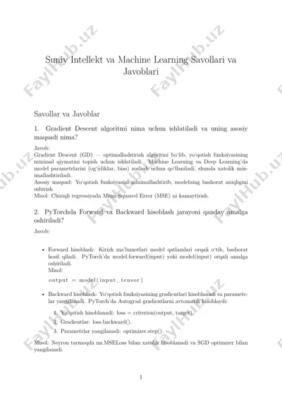 suniy intellekt va machine learning savollari va javoblari — PDF