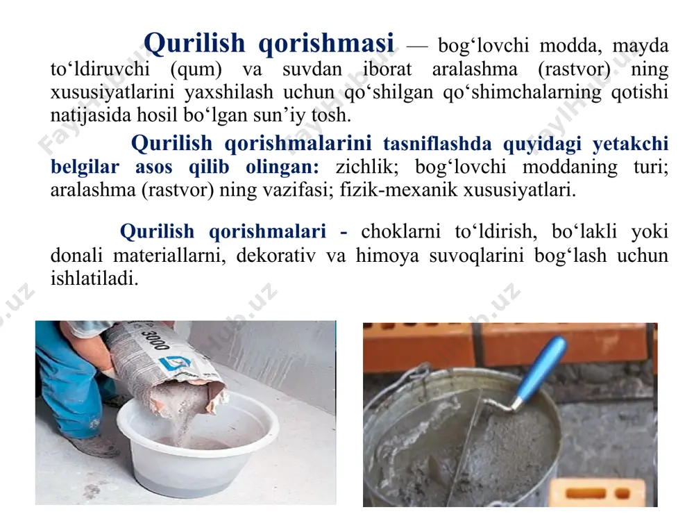 rastvor). fizik-mexanik xossalari bo‘yicha eritmalar ikkita eng muhim ko‘rsatkich bo‘yicha tasniflanadi: mustahkamlik va sovuqqa chidamlilik, bu ko‘rsatkichlar aralashma (rastvor)ning chidamliligini tavsiflaydi. siqilishdagi mustahkamlik qiymati bo‘yicha qurilish qorishmalari (rastvor) sakkizta markaga bo‘linadi: 4, 10, 25, 50, 75, 100, 150 va 200. m4 va m10 markali aralashmalar (rastvor) mahalliy bog‘lovchilar (havo va gidravlik ohak…) asosida tayyorlanadi. muzlatish sikllaridagi sovuqqa chidamlilik darajasi bo‘yicha aralashma (rastvor) sovuqqa chidamlilikning to‘qqizta markasiga ega: f10, f15, f25, f35, f50, f75, f100, f150, f200. qorishma tarkibi 1 qorishmadagi materiallar miqdori (massa, hajm) bo‘yicha yoki dastlabki quruq materiallarning o‘zaro nisbati (massa, hajm) bo‘yicha belgilanadi va bog‘lovchi sarfi 1, deb qabul qilinadi. ikkita bog‘lovchidan tashkil topgan yoki tarkibida mineral qo‘shimchalar bo‘lgan aralash eritmalarning tarkibi uchta raqam bilan belgilanadi, masalan 1:0,4:5 (sement:ohak:qum). mayda to‘ldirgich sifatida: og‘ir qorishmalar uchun - kvarsli va dala shpatli tabiiy qumlar, shuningdek, zich tog‘ jinslarini maydalab olingan qumlar; yengil aralashma (rastvor) uchun - pemzali, tufli, chig‘anoqli, shlakli …