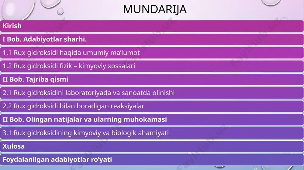 vodoroddan ancha chapda turadi va kislotalardan vodorodni siqib chiqaradi. shuning uchun odatda rux laboratoriya amaliyotlarida kipp apparati yordami bilan vodorod olishda foydalaniladi: 2.1 rux gidroksidini laboratoriyada va sanoatda olinishi rux gidroksid, zn(oh)2 — oq iviqsimon choʻkma holida rux tuzlari eritmasiga ishqor taʼsir ettirib olinadi. vaqt oʻtishi bilan kristall holga oʻtadi. amfoter birikmalar singari rux gidroksid ortiqcha ishqorda, kislotalarda va ammiakning suvli eritmasida oson eriydi. rux gidroksidning kislotalarda eruvchanligi neytrallanish reaksiyasiga asoslangan. {\displaystyle {\mathsf {zn(oh)_{2}+2hcl\longrightarrow zncl_{2}+2h_{2}o}}}ortiqcha ishqorda esa — eruvchan tsinkatlar hosil boʻladi. ruxning barcha tuzlari eritmalarda kuchli kislota — zn2+ kationi hisobiga gidrolizga uchraydi. {\displaystyle {\mathsf {zn^{2+}+hoh\longrightarrow znoh^{+}+h^{+}}}}rux gidroksid zn(oh)2 rux tuzlari eritmasiga ishqor ta’sir ettirilganda hosil bo’ladigan amfoter gidroksiddir, u kislotalar va ishqorlar bilan reaksiyaga kirishadi, shuningdek ammiak bilan kompleks birikma hosil qiladi: zn(oh)2 + 2h+ = zn2+ + 2h2o 2.2 rux gidroksidi bilan boradigan reaksiyalar rux birikmalari — asosiy qismi ruxdan iborat boʻlgan qotishmalar. tarkibida qoʻshilmalar sifatida alyuminiy, …