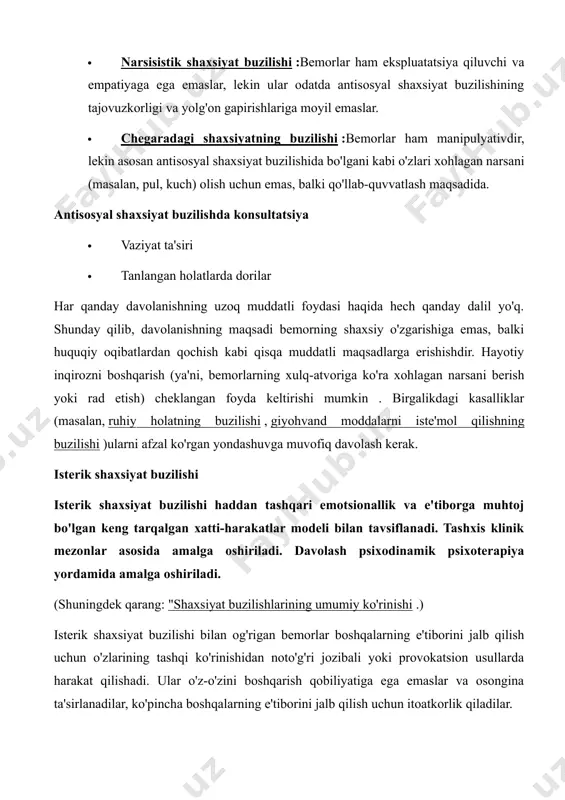 agan narsani berish yoki rad etish) cheklangan foyda keltirishi mumkin . birgalikdagi kasalliklar (masalan, ruhiy holatning buzilishi , giyohvand moddalarni iste'mol qilishning buzilishi )ularni afzal ko'rgan yondashuvga muvofiq davolash kerak. isterik shaxsiyat buzilishi isterik shaxsiyat buzilishi haddan tashqari emotsionallik va e'tiborga muhtoj bo'lgan keng tarqalgan xatti-harakatlar modeli bilan tavsiflanadi. tashxis klinik mezonlar asosida amalga oshiriladi. davolash psixodinamik psixoterapiya yordamida amalga oshiriladi. (shuningdek qarang: "shaxsiyat buzilishlarining umumiy ko'rinishi .) isterik shaxsiyat buzilishi bilan og'rigan bemorlar boshqalarning e'tiborini jalb qilish uchun o'zlarining tashqi ko'rinishidan noto'g'ri jozibali yoki provokatsion usullarda harakat qilishadi. ular o'z-o'zini boshqarish qobiliyatiga ega emaslar va osongina ta'sirlanadilar, ko'pincha boshqalarning e'tiborini jalb qilish uchun itoatkorlik qiladilar. giyohvandlik buzilishi umumiy aholining 2% dan kamrog'iga ta'sir qiladi ( 1 ). ayollar va erkaklar orasida tarqalish darajasi bir xil. ayollarda tarqalishning yuqoriligi haqidagi oldingi xabarlar, ehtimol, kasalxonaga asoslangan tadqiqotlarda noto'g'rilikni aniqlash bilan bog'liq. komorbidiyalar keng tarqalgan , ayniqsa, shaxsiyatning boshqa buzilishlari ( asosial …