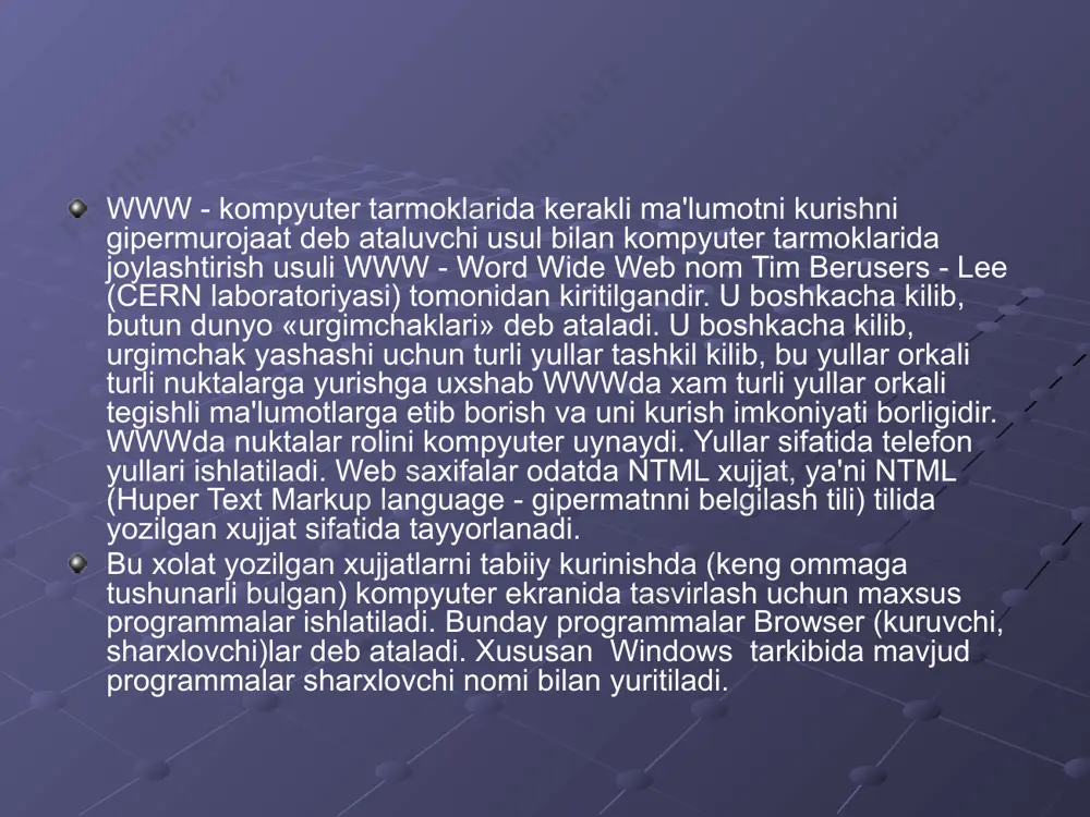 di. html xujjatning tuzilishini ifodolovchi uncha murakkab bulmagan buyruqlar majmuidan iborat. html buyruqlari orkali matnlarni istagancha shaklini uzgartirish, ya'ni matnning ma'lum bir kismini ajratib olib boshka faylga yozish, shuningdek boshka joydan turli xil rangli tasvirlarni kuyish mumkin. u boshka xujjatlar bilan boglaydigan gipermatniy alokalarga ega. html - xujjat tuzilishi html tili andozasi buyicha xujjatga va larini kiritish tavsiya etiladi. brauzer html xujjatni ukiganida, ularning borligi xujjat bulimlarini anik kursatadi. agar ular bulmasa xam brauzer html xujjatni tugri ukiydi, lekin xujjat bulimlari bir - biridan ajralib turmaydi. web saxifalarini ukish vositalari (browserlar) www sistemasi bilan ishlashda ma'lumotlarni kulay kurinishda tasvirlash uchun kompyuterga maxsus browser (yullovchi) programmasini urnatish kerak. www browser bu wwwsistemasi bilan uzaro xamkorlikda ishlovchi amaliy programmalardir. www xujjatlari gipermatn xisoblanadi. kompyuter imkoniyatlaridan kelib chikib, gipermatnlar oddiy matnlardan xujjat tuzilishining borligiga karab fark kiladi. kupgina browserlarda internetning boshka servislariga xam kirish imkoni bor. masalan, bunga ftp, gopher va wais serverlari, …
