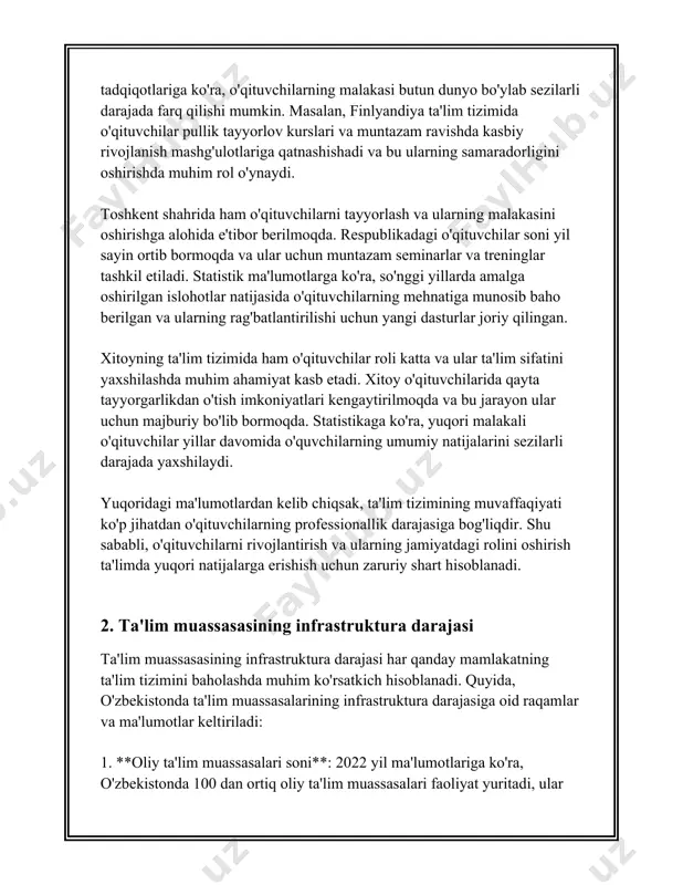 . **yangi texnologiyalar joriy etilishi**: ta'lim muassasalarida yangi texnologiyalar, elektron doskalar, smart sinflar va onlayn ta'lim platformalari joriy qilinmoqda, bu esa ta'lim jarayonlarini yanada samarali qilmoqda. ushbu raqamlar va ma'lumotlar o'zbekistonda ta'lim muassasalarining infrastrukturasi darajasini tushunishga va ularning kelgusidagi rivojlanishiga oid ko’rsatkichlarni aniqlashga imkon beradi. mamlakatda tizimni modernizatsiya qilish bo'yicha doimiy ishlar olib borilmoqda. 3. karyera va kasbiy yo'nalish karyera va kasbiy yo'nalish – bu insonning mehnat faoliyati davomida erishadigan yutuqlari, professional malaka va qobiliyatlarining rivojlanishini anglatadi. ushbu jarayon insonning butun hayoti davomida davom etishi mumkin va muayyan kasbda mutaxassis bo'lishga yordam beradi. quyida karyera va kasbiy yo'nalish bilan bog'liq bo'lgan ba'zi muhim raqamli ma'lumotlar keltiriladi. 1. **malaka oshirish kurslari:** har yili butun dunyo bo'ylab millionlab odamlar turli xil malaka oshirish va qayta tayyorlash kurslarida ishtirok etadilar. masalan, 2021 yilda faqatgina aqshda taxminan 30 million kishi onlayn malaka oshirish kurslarida ishtirok etgan. 2. **mutaxassislik va ishsizlik:** mehnat bozori tahlillari shuni …