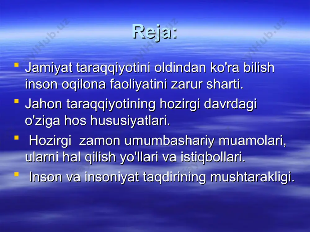 uchun emas, balki kelajakdagi hayotiy manfaatlari uchun ham juda muhim ahamiyatga ega. umumbashariy muammolarga umumbashariy muammolarni mazmuni va hususiyatiga ko'ra uchta guruhga ajratish mumkin: birinchi guruhga: jahon termoyadro urushini oldini olish yer yuzidagi xalqlar ijtimoiy taraqqiyoti uchun tinchlikni saqlash rivojlanayotgan mamlakatlardagi mavjud kamchiliklarni tugatish yangi xalqaro iqtisodiy tartibni o'rnatish kabi muammolar kiradi. ikkinchi guruhga: atrof-muhitni falokatli ifloslanishdan saqlab qolish insoniyatni yoqilg’i, xom-ashyo, oziq-ovqat bilan ta'minlash jahon okeani manbalarini, koinotni o'zlashtirish singari umumbashariy muammolarni tashkil etadi. uchinchi guruhga: ilmiy tehnika inqilobi salbiy oqibatlarini oldini olish sog’liqni saqlash savodsizlikka barham berish singari muhim hayotiy muammolardan iborat. inson taqdirining butun insoniyat istiqboli bilan mushtarak ekanligi xalqimiz ongiga singib ketgan. shuning uchun ham, ular mintaqamizdagi qo'shni mamlakatlar bilan yahshi, o'zaro xurmat izzatda bo'lishga doimo intilib kelganlar. o'zbekiston jahonda tinchlik va xavfsizlikni saqlash, tinchliksevar mamlakatlar bilan har tamonlama hamkorlik aloqalarini yo'lga qo’yish taraqqiyotga erishishning o'ziga hos yo'lini tanlab olgan. barqarorlik, tinchlik, totuvlik bular davlatimizning yangi …