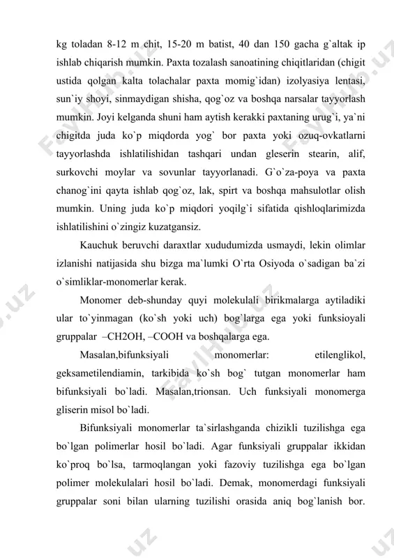 stirol molekulalari kabi tuzilgan bo`lsa, unda gomopolimerlar haqida gap yuritiladi. agar bitta makromolekulada turli zvenolar bo`lsa, bunda u ko`shpolimer hisoblanadi. mana bunday hol ham ruy berishi mumkin. asosiy zanjirning ba`zi zvenolariga (oxirgilariga emas) bitta yoki bir qancha o`zga tuzilishli zanjirlar ulanadi. bunda payvand ko`p polimerlar hosil bo`ladi. agar qo`sh polmer molekulasida tarkibi turlicha bo`lgan qismlar ancha uzun ketma-ketlikni hosil qilsa, bunday polimer blokqo`shpolimer deyiladi. funksiyali gruppalar yoki harakatchan atomlar ta`sirlashishi natijasida quyi molekulali birikmalar ajralishi bilan sodir bo`ladigan reaksiyalar polikondensatlanish reaksiyalari deb ataladi. hosil bo`lgan polimerning element tarkibi boshlang`ich moddalarnikidan ozgina fark qiladi. har xil funksiyali gruppalarga ega bo`lgan bir xil monomerlar reaksiyaga kirishsa, bu reaksiya gomopolikondensatlanish deb ataladi. har xil monomerlar polikondensatlansa getropolikondensatlanish reaksiyasi sodir bo`ladi. polimerlarga turli qo`shimcha birlashtirib plastmassa deb nomlangan materiallar hosil qilinadi. umuman olganda plastik massa deb sintetik yoki tabiiy polimerlar asosida tayyorlangan va plastik deformasiya usullari (ekstro`ziya, bosim ostida quyish, koliplash) bilan qayta ishlanadigan …