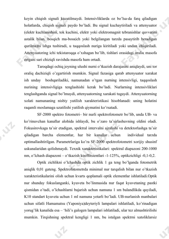 olib kelishi mumkin. sf-2000 spektrofotometrdan quyidagi hollarda foydalanish mumkin: · individual moddalar va ko’p komponentli sistemalar analizi uchun; · suvdagi noorganik moddalar miqdorini nazorat qilish uchun; · ishchi zona havosini nazorat qilish uchun; · tuproq tarkibidagi kimyoviy moddalar miqdorini nazorat qilish uchun; · oziq-ovqat maxsulotlarini nazorat qilish uchun. · iq-spektrometrning ishlash printsipi · infraqizil spektrlar odatda (hardoim emas) foiz o’tkazishning to’lqin soniga bog’liqligi ko’rinishida yoziladi. zamonaviy ikki nurli spektrometr ma’lum bir to’lqin uzunligidagi yutilmagan yorug’lik intensivligi foizida qayd etadi. yutilish ѐkioptikzichlik, nur o’tkazuvchanlik bilan bog’liqligi quyidagi tenglama yordamida ifodalanadi: · a= –lgi/i0. · o’tkazish(t)=100%,bundaa=0vai/i0 nisbatga teng. · istalgan spektral jixozning printsipial sxemasi (18-rasm) uchta asosiy qismdan iborat: ѐrituvchi i, spektral (optik) ii, va qabul qilib qayd etuvchi iii qurilmalar.yorituvchi qismga yoritgich manbai (1) va kondensor linzalar yoki ko’zgular (2) kiradi, ular asbobning kirish tirqishini (4) bir tekis yoritadi. kyuvetada (3) o’rganilishi kerak bo’lgan namuna va etalon namuna o’rnatiladi. · spektr …