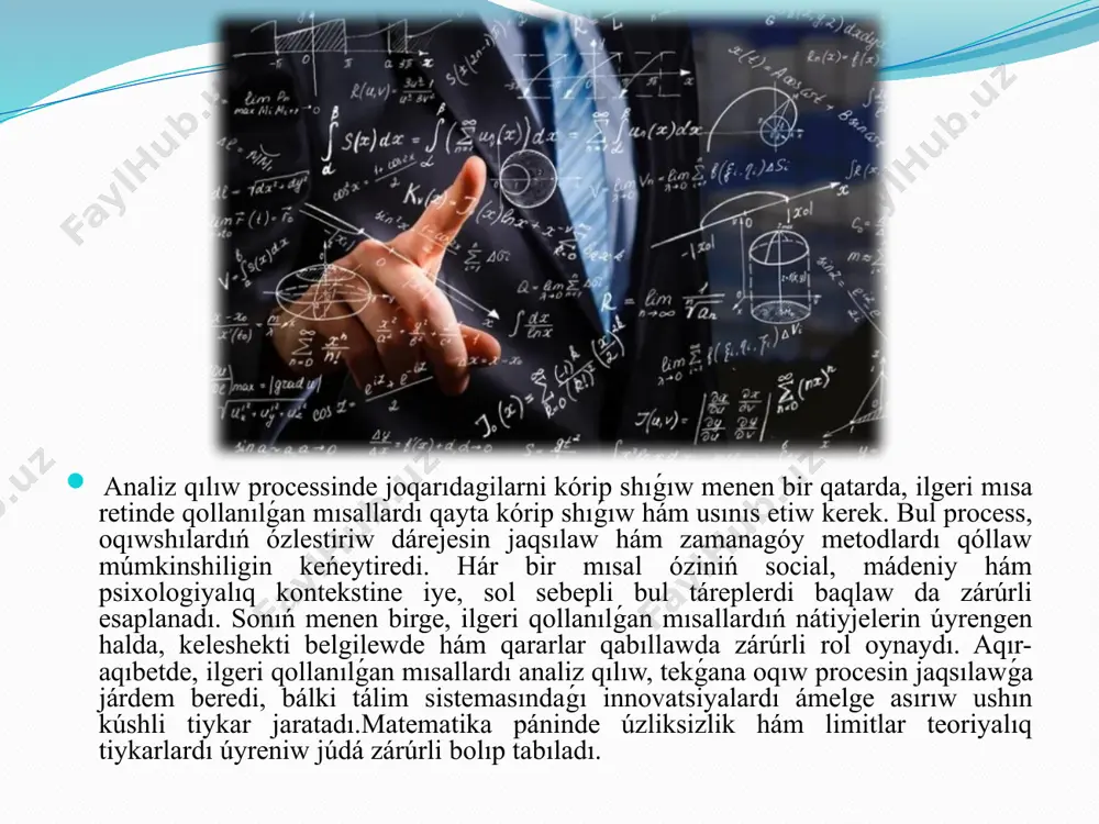 dal yamasa eksponential sıyaqlı hár qıylı formalga iye ekenligi anıqlanadı. sonıń menen birge, grafiklar járdeminde funksiyalar arasındaǵı qatnaslar hám olar arasındaǵı ayırmashılıqlar kórinedi. grafiklar járdeminde analiz qılıw processinde bir neshe zárúrli noqatlar bar. birinshiden, grafikanıń x hám y oqı, yaǵnıy x hám f (x) bahaları, funkciyanıń islewi menen baylanıslı bolǵan tiykarǵı ózgeriwshilerdi ańlatadı. ekinshiden, grafiktı oqıw hám aytıw, funksiyanıń qanday islewin túsiniwge múmkinshilik beredi. ol hár bir noqatda funkciyanıń qanday nátiyje beriwin kórsetedi jáne bul máńgi juwmaqlar shıǵarıwǵa major járdem beredi. nátiyjede, grafiklar matematikalıq funkciyalardı analiz qılıwda ajıralmaytuǵın bólek bolıp tabıladı. olar kóplegen matematikalıq processler hám haqıyqıy turmısda mısallardı túsiniwge járdem beredi. grafiklar analytik jantasıwdı kúshaytadı, funkciyalardı tuwrı analiz etiwge múmkinshilik beredi hám paydalanıwshılar ushın júdá qolaylı esaplanadı.funksiya tawısıwı, yamasa limit, matematikada júdá zárúrli túsinik esaplanadı. funksiya tawısıwın ańǵarıw matematikalıq analizning hasası esaplanadı. funksiya f (x) ­ning x noqatıdaǵı limitini anıqlaw onıń x noqatına jaqınlasıwǵanda f (x) dıń qanday mániske …