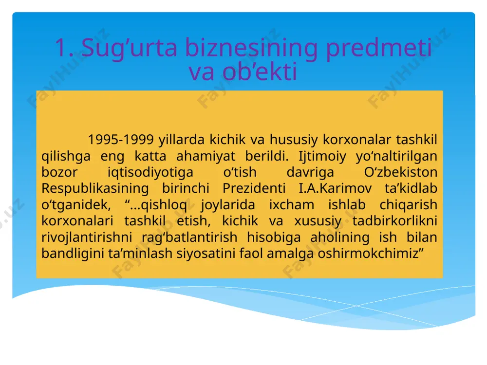 - umrbod hayot sug’urtasi - shaxs hayotini umrining oxirigacha shartnoma tuzilgan vaqtdan boshlab sug’urta qilishi tushuniladi. sug’urta kompaniyasi sug’urta shartnomasi tuzilgan vaqtdan boshlab sug’urta hodisasi yuzaga kelganda sug’urta summasini to’lab berishga majburdir; - aralash hayot sug’urtasi - shaxsni ma’lum muddatga ham o’lim ham qolgan umrini sug’urta qilish hisoblanadi. sug’urta kompaniyasi shartnoma amal qilib turgan muddatda o’lim hodisasi yuz berganda yoki shartnoma muddati tugagan vaqtda sug’urtalanuvchi hayot bo’lsa shartnomada ko’rsatib o’tilgan sug’urta summasini to’lab berishi shart. 2. sug`urta biznesini sug`urta faoliyati bo`yicha turkumlash. 2. sug`urta biznesini sug`urta faoliyati bo`yicha turkumlash. umumiy sug‘urta turlarining asosiy farq qiluvchi xususiyati shundaki, ular sug‘urtalashning xavfli turlariga kiradi, shuningdek jamg‘arish hamda investitsiya daromadlarini nazarda tutmaydi. sug’urta biznesini rivojlantirish maqsadida quyida strategiyani ishlab chiqish maqsadga muvofiq: 1. aholiga ma’qul tushadigan va daromadliligini hisobga holgan holda sug‘urta turlarini aniqlab, ular bo‘yicha yengilliklar yaratish 2. aholining sug‘urta madaniyati darajasini oshirish. bu sug‘urta sohasi rivojlanishi, avvalo shakllanishining asosiy sharti hisoblanadi. …