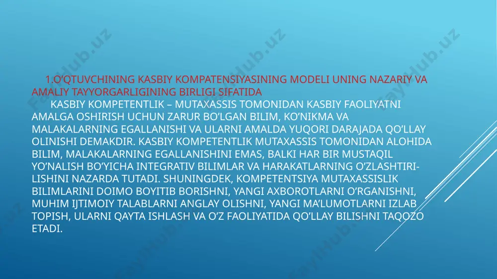 ijtimoiy va kommunikativ (muloqotda moslashuvchanlik, noaniqlikka toqat qilish, nekbinlik, muloqotda o'zini o'zi boshqarish qobiliyatlari) komponentlik 3. pedagogning kasbiy kompetensiyasining ta’lim muhiti sharoitiga qarab o‘ziga xos xususiyatlari ochib beriladi: kasbga yo‘naltirilganligi – boshqaruv, qiyinchilik, tadbirkorlik, shuningdek, lokus-nazorat-i, empatiya, samarali empatiya nuqtai nazaridan yuqori jiddiylik. , noaniqlik va optimizmga tolerantlik innovatsion maktablarda ishlaydigan o'qituvchilarga xosdir; an'anaviy maktablarda ishlaydigan o'qituvchilar uchun yuqori darajadagi tashvish, umidsizlik va qattiqqo'llik xarakterlidir. 4. innovatsion maktablarda ishlaydigan o‘qituvchilar guruhida ish stajining oshishi bilan hayotiy manfaatlar konkretlashtiriladi, o‘zini muvaffaqiyatli shaxs sifatidagi tasavvuri shakllanadi, hayotning hissiy boyligi oshadi, o‘ziga bo‘lgan intilish kuchayadi. -kasb-hunar va mustaqillikni rivojlantirish aktuallashtiriladi. an'anaviy maktablarda ishlaydigan o'qituvchilar guruhida boshqa odamlarning sa'y-harakatlarini birlashtirishga yo'naltirilganlik pasayadi, barqaror sharoitda ishlash istagi kuchayadi, qattiqlik va tashvish. ijtimoiy-kommunikativ komponent nuqtai nazaridan, taqqoslash guruhlarining hech birida sezilarli farqlar topilmad 5. o'qituvchining kasbiy kompetentsiyasini rivojlantirishni psixologik-pedagogik qo'llab-quvvatlash bo'yicha ishlab chiqilgan dastur muvaffaqiyat uchun motivatsiyani oshirishga, martaba yo'nalishini va muvaffaqiyatli shaxs sifatida o'zini o'zi …