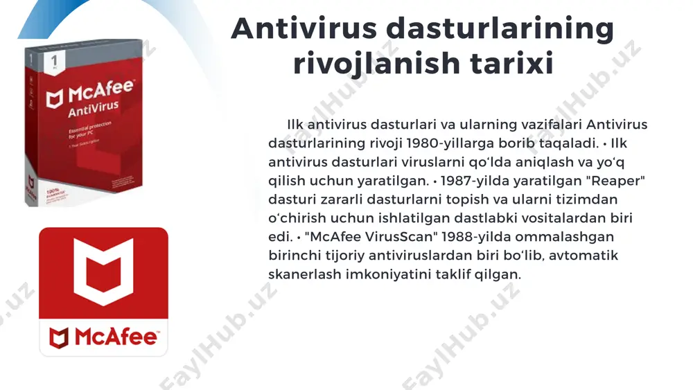 uchun kengaytirildi. • bugungi kun: mashinaviy o‘qitish, sun'iy intellekt va bulutli texnologiyalar asosida yangi tahdidlarni aniqlash va himoya qilish yanada takomillashtirildi. antivirus dasturlari bugungi kunda qurilmalar xavfsizligini ta'minlashda zarur vosita sifatida keng qo‘llanilmoqda. antivirus dasturlarining quyidagi turlari mavjud: signatura asosida ishlaydi, yaʼni oldindan maʼlum bo‘lgan zararli dasturlarni aniqlash uchun ularning imzolaridan foydalanadi. misollar: avast, avg, mcafee. 1. anʼanaviy (klassik) antivirus dasturlari qurilmaga zararli dastur kirishidan oldin uni aniqlaydi va bloklaydi. foydalanuvchilarni skanerlashni o‘tkazishga majbur qilmasdan, avtomatik ishlaydi. misollar: norton 360, bitdefender. 2. real vaqt rejimida himoya qiluvchi antiviruslar zararli dasturlarni aniqlash va tahlil qilish uchun asosiy hisoblash jarayonlari bulut serverlarida amalga oshiriladi. tizim resurslarini minimal darajada yuklaydi. misollar: panda cloud antivirus, kaspersky security cloud. 3. bulutli antiviruslar noma’lum tahdidlarni aniqlash uchun zararli dasturiy taʼminotning xulq-atvorini tahlil qiladi. hali imzosi mavjud bo‘lmagan yangi tahdidlarni aniqlashda samarali. misollar: eset nod32, sophos. 4 5 6 7 heuristik tahlil asosida ishlaydigan antiviruslar internet xavfsizlik …