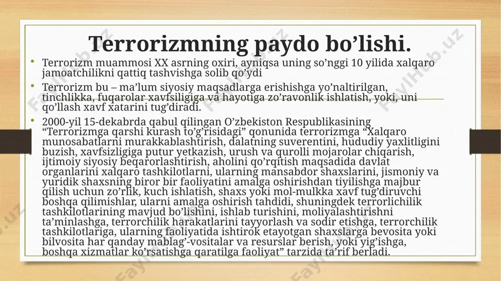 b nom olgan anjumanda so’zlagan nutqida “20 yildan ortiq vaqt mobaynida urush davom etib kelayotgan afg’oniston hozirgi paytda xalqaro terrorchilik va ekstremizmning polegoni hamda tayanch bazasiga milliardlab daromad keltirayotgan dunyo narkotik ishlab chiqarishining asosiy manbayi – fbrikasiga aylanganligini ta’kidlagan edi”. 2004-yil 29-30-mart kunlari toshkentda sodir etilgan qo’poruvchiik harakatlari ham achinarli tus olgan edi. yurtimizda 2005 yil 12-13-may kunlari andijon viloyatida sodir etilgan terroristic harakatlarning eng yirigi bo’ldi desak xato bo’lmaydi, chunki ular qamoqdagi maxbuslarni ozod qilib viloyatning harbiy organlari va davlat hukumati binolarini vayron qildilar, ko’plab odamlarni asir olib ularga jismoniy va moddiy zarar yetkazdilar. bu holat sodir bo’layotgan mahalda prezidentimiz islom karimov ular bilan jonli muloqotga kirishdilar. mana shunday ayanchli isbotlardan ko’rinib turibdiki terrorizm davlatning suverentetiga, mustqilligiga, aholining tinchligiga raxna soluvchi bir illat ekanligini ko’rishimiz mumkin. o’zbekiston va xorijiy davlatlar qonunchiligida terrorizmga qarshi kurash masalasining huquqiy tartibga solinishi. o’zbekiston respublikasi prezidenti islom abdug’aniyevich karimov ii chaqiriq oliy majlisning uchinchi …