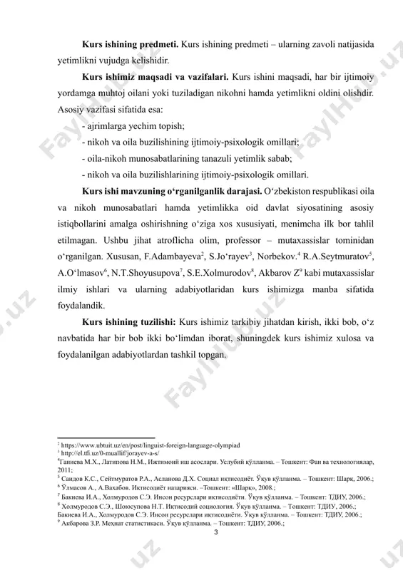olmurodov[footnoteref:8], akbarov z[footnoteref:9] kabi mutaxassislar ilmiy ishlari va ularning adabiyotlaridan kurs ishimizga manba sifatida foydalandik. [2: https://www.ubtuit.uz/en/post/linguist-foreign-language-olympiad] [3: http://el.tfi.uz/0-muallif/jorayev-a-s/] [4: ганиева м.х., латипова н.м., ижтимоий иш асослари. услубий қўлланма. – тошкент: фан ва технологиялар, 2011;] [5: саидов к.с., сейтмуратов р.а., асланова д.х. социал иқтисодиёт. ўқув қўлланма. – тошкент: шарқ, 2006.;] [6: ўлмасов а., а.вахабов. иқтисодиёт назарияси. –тошкент: «шарқ», 2008.;] [7: бакиева и.а., холмуродов с.э. инсон ресурслари иқтисодиёти. ўқув қўлланма. – тошкент: тдиу, 2006.;] [8: холмуродов с.э., шоюсупова н.т. иқтисодий социология. ўқув қўлланма. – тошкент: тдиу, 2006.; бакиева и.а., холмуродов с.э. инсон ресурслари иқтисодиёти. ўқув қўлланма. – тошкент: тдиу, 2006.;] [9: акбарова з.р. меҳнат статистикаси. ўқув қўлланма. – тошкент: тдиу, 2006.;] kurs ishining tuzilishi: kurs ishimiz tarkibiy jihatdan kirish, ikki bob, o‘z navbatida har bir bob ikki bo‘limdan iborat, shuningdek kurs ishimiz xulosa va foydalanilgan adabiyotlardan tashkil topgan. i bob. nikoh va oila buzilishining ijtimoiy-psixologik omillari 1.1. nikoh va oila tushunchasi …