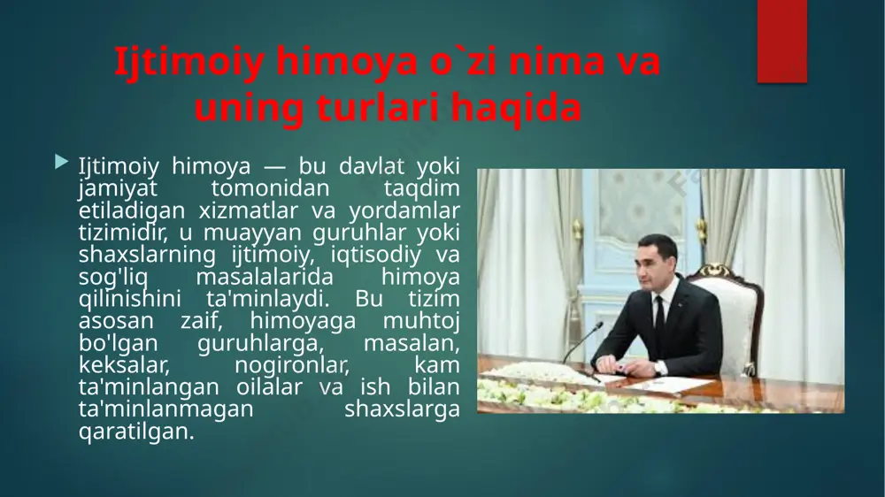 viy cheklovlar va aholi o'rtasida ma'lumot yetishmasligi. ushbu muammolarni bartaraf etish uchun qonunchilikni takomillashtirish va xalqaro tajribalarni o'rganish zarur. umuman olganda, ijtimoiy himoya tizimi aholi farovonligini oshirish va ijtimoiy barqarorlikni ta'minlashda muhim ahamiyatga ega. kelajakda uni rivojlantirish orqali ijtimoiy xizmatlarning samaradorligini oshirish va ijtimoiy adolatni mustahkamlash mumkin. foydalanilgan manbalar: "ijtimoiy himoya tizimlari" - o'zbekiston respublikasi fanlar akademiyasi. "ijtimoiy siyosat va iqtisodiyot" - m. tashkentov. "oila va ijtimoiy himoya" - a. abduraxmonov. "ijtimoiy himoya va qashshoqlikni kamaytirish" - n. murodov. "ijtimoiy xizmatlar: nazariya va amaliyot" - g. shodmonov. image6.jpeg image7.png image8.jpeg image9.jpeg image10.jpeg image11.jpeg image12.jpeg image13.jpeg image14.jpeg image15.jpeg image16.jpeg image2.png image3.png image4.png image5.png /docprops/thumbnail.jpeg