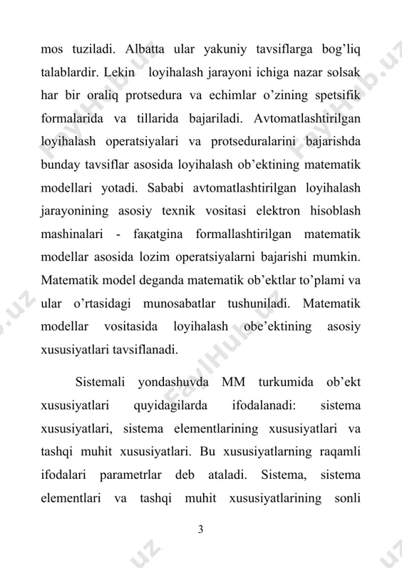 soli bo’la oladi. bunday model yordamida ob’ektning chiqish parametrini x va q vektorlar parametrlari orqali osongina aniqlasa bo’ladi. lekin bunday modellarni faqat oddiy ob’ektlar uchun oson chiqarsa bo’ladi. кo’pincha loyihalash ob’ektida sodir bo’ladigan jarayonlar quyidagi umumlashgan munosabat bilan ifodalanadi. l v(z) = q(z) (7) bunda l - jarayonga mos operator (integral, differentsial...,); z - mustaqil (ixtiyoriy) o’zgaruvchi parametr vektori (bu parametr umuman olganda o’z ichiga vaqtni va fazoviy koordinatlarni oladi); v(z) - mustaqil o’zgaruvchanlarga nisbatan berilgan funktsiya. v - fazoviy o’zgaruvchilar vektori. ular loyihalash ob’ektini fizik va informatsion holatini ifodalaydi. misol uchun nьyuton qonuninidagi (mdv/dt = ғ) tezlik v va kuch ғ fazoviy o’zgaruvchilar hisoblanadi. amalda texnik topshiriқlarda loyihalanadigan ob’ektga nisbatan ma’lum texnik talablar berilgan bo’ladi. loyihalash jarayonida mana shu talablar har doim inobatga olib boriladi. loyihalanadigan ob’ektga bo’lgan bir nechta talablar natijasini vektor formada birlashtirib tt = (tt ,tt ,…,ttg1...,ttch) ni hosil qilish mumkin. loyihalashda bunday talablardan asosiysi bo’lgan, …