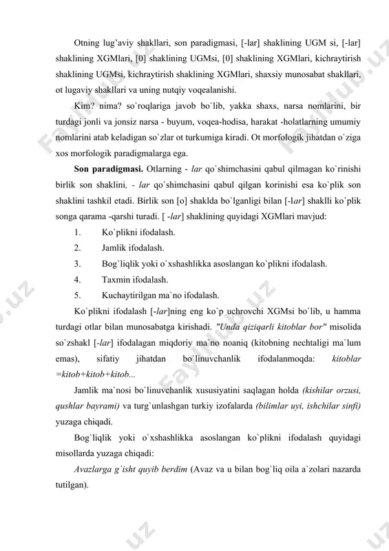 rvigul va unga o`xshashlar ma`nosida). [-lar] chama - taxmin ma`nosini ham ifodalaydi: dastlabki vaqtlarda, yaqin kunlarda, yigirma yoshlarda... ma`lumki, ko`p narsa hamisha oz yoki yakka narsaga nisbatan kuchliroq, ahamiyatliroq tuyuladi. shu sababli kuchli e`tibor va ta`kid zarur bo`lgan holatlarda narsaning miqdorini ko`p qilib ko`rsatishga intilish kuzatiladi va natijada [-lar] shaklini olgan miqdoran yagona yoki bitta bo`lgan narsa ko`p sifatida tasavvur qilinadi. bunda [-lar] shakli orqali kuchaytirilgan ma`no yuzaga chiqadi: yuraklarim yorila yozdi. boshlarimni qotirib yubording. nol ko`rsatkichli shaklning xgmlari quyidagilar: 1. jamlik ifodalash. 2. koplik ifodalash ^-—miqdoriy aniq koplik. \ miqdoriy noaniq koplik. 3. birlik ifodalash. o`zbek tilida jamlikni ifodalovchi maxsus ko`rsatkichning yo`qligi natijasida bu ma`noni [-lar] ham, [o] ham ifodalay oladi. [-lar] jamlik ifodalay oladi. [-lar] jamlik ifodalaganda bo`linuvchanlik ottenkasi saqlanilsa, [o] jamlik ifodalaganda narsalarning bo`linmas, yaxlit birligi ma`nosi ifodalanadi: hozirgi gadolar ham g`oyat mukammal… (a.oripov). gadoning dushmani gado bo`ladi... (a.oripov). [o] shakl matnda aniq va noaniq ko`plik ma`nolarini …