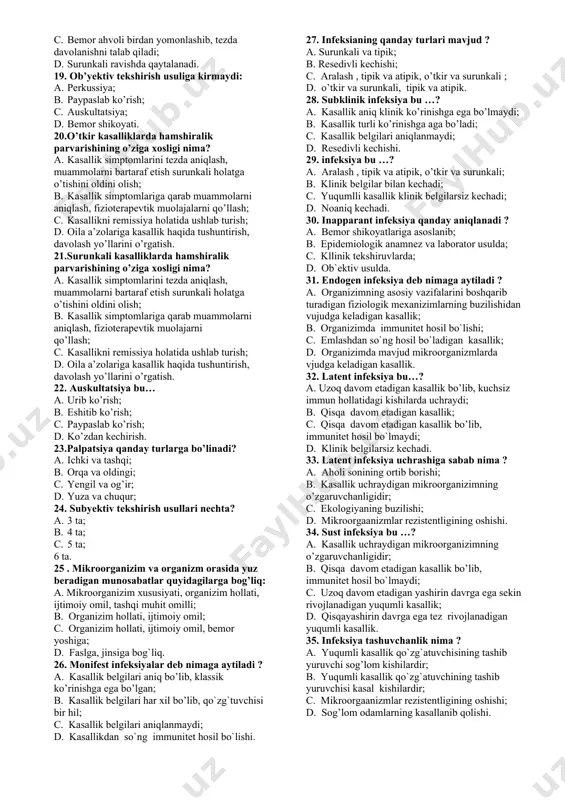 iriga xos a. dekompensatsiya; b. nekroz; c. yallig‘lanish; d. reaktivlik. 12. mushak ichi inyeksiyasi noto’g’ri bajarilganda qanday asoratlar kelib chiqadi? a. havo emboliyasi; b. absess; c. flebit; d. infiltrat. 13.parhez taomlar bilan davolash qanday ataladi? a. diyetoterapiya; b. oksigenoterapiya; c. girudoterapiya; d. fizioterapiya. 14. rеtsidiv nimа? a. kаsаllikning bеlgisi; b. kаsаllikni qo`zishi; c. kаsаllik sаbаbi; d. kаsаllikning аsоrаti. 15.remissiya nima? a. kasallik belgilarining kamayishi; b. kаsаllikni qo`zishi; c. kаsаllik sаbаbi; d. kаsаllikning аsоrаti. 16.perkussiya bu… a. eshitib ko’rish; b. paypaslab ko’rish; c. tukillatib urib ko’rish; d. ko’zdan kechirish. 17.bemorning fiziologik muommosini tanlang. a. uyquning buzilishi; b. ishdagi qiyinchiliklar; c. oiladagi muommolar; d. o’z joniga qasd qilish xavfi. 18. o’tkir kasalliklar deb qanday kasalliklarga aytiladi? a. kasallik uzoq davom etadi; b. kasallik davolangandan so’ng remissiya holatiga o’tadi; c. bemor ahvoli birdan yomonlashib, tezda davolanishni talab qiladi; d. surunkali ravishda qaytalanadi. 19. ob’yektiv tekshirish usuliga kirmaydi: a. perkussiya; b. paypaslab ko’rish; c. …