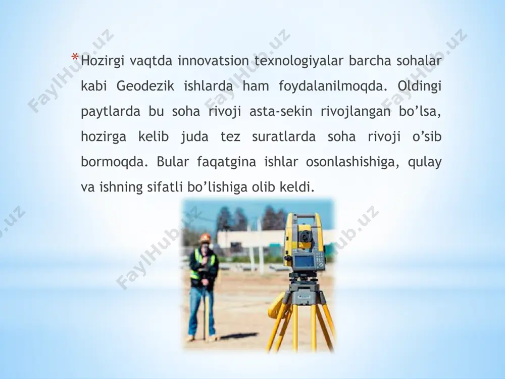 gi va maxsus ish dasturlari bilan ta’minlanganligi farq qiladi. bu esa dala o‘lchash ishlarini va natijalarini ishlab chiqish jarayonlarini avtomatlashtirish imkonini beradi, jumladan: - shtrix – kodli nivelir reykasi bo‘yicha sanoq olishini avtomatik ravishda bajarishi o‘lchash natijalariga ko‘rish trubasi vizir o‘qining silindrik adilak o‘qiga parallel emasligi hamda yer egriligi va refraksiya holatlari uchun tuzatmalarni avtomatik ravishda kiritish; - nivelir bilan reyka orasidagi masofa 100 m gacha bo‘lganda gorizontal qo‘yilishni 25 mm gacha aniqlikda avtomatik o‘lchashi; - o‘lchash natijalarini avtomatik ravishda ichki yoki tashqi yodlash moduliga yozish nivelirlash yelkalarini tengligi va nisbiy balandlik o‘lchash natijasini avtomatik tekshirib borish; - nuqtalar balandligini tabloga chiqarish; - o‘lchangan ma’lumotlarni yozib saqlash uchun xotira kartasidan foydalanish; - asbobni boshqarish jarayoni qulayligi, shuningdek undan foydalanishni o‘zlashtirib olish osonligi. dini 11 va dini 21 raqamli nivelirlar bilan 1 km yo‘lni to‘g‘ri va teskari yo‘nalishlarda invar reyka orqali 0,3 mm aniqlikda, oddiy buklama reyka qo‘llab esa 1 mm …