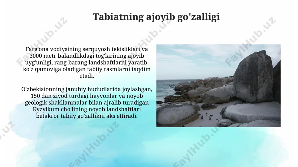 lake district ko'llarining manzaralarida bo'lgani kabi, ta'minlanadi. yorug'lik va soya o'yini xorazm viloyatining qadimiy shaharlarida, quyoshning 23.5 graduslik qiyaligi tufayli, yil davomida yorug'lik va soya o'yinining o'zgarishi sezilarli darajada farq qiladi. yorug'lik va soya o'yinining samarqanddagi registon maydonidagi 15-asr me'morchiligi bilan uyg'unlashuvi, 360 daraja burchakdan kuzatilganda, murakkab geometrik naqshlarni hosil qiladi. e'tiboringiz uchun rahmat @taqdimot_robot image2.jpg image3.jpg image4.jpg image5.jpg image6.jpg image7.jpg image8.jpg image9.jpg image10.jpg image11.jpg image12.jpg image13.jpg image14.jpg image15.jpg image16.jpg image1.png