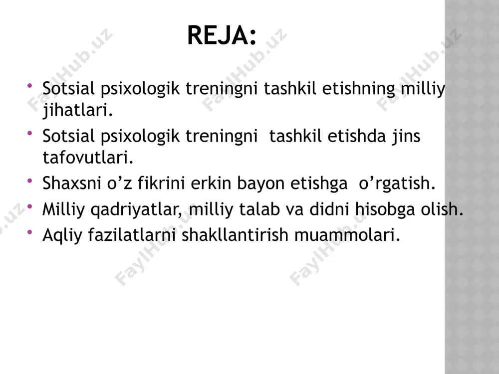 ing o’tkazishning asosiy tarkibiy tartibini belgilab berish; 3)qabul qilingan qonunlar asosida guruhni boshqarish imkoniyatlarini bilish; 4) trening qonunlarining trening maqsadi va vazifalarga yo’nalganligi, guruhning maqsadga erishishi. rasm trening qonunlari: 1)”o-o” qonuni- bu trener va trening qatnashchilari bir xil maqsadda bo’ladi, bunda trener ham ishtirokchi sifatida qatnashadi; 2) “mikrofon” qonuni; 3) “faollik qonuni”-hamma barobar ishtirok etadi; 4) “faqat o’z fikrini bayon etish” qonuni faqat “men” so’zi bilan boshlaydi; 5)”shu yerda va hozir”qonuni; 6) “vaqtni tejash” qonuni; 7)”shaxsni baholamaslik” qonuni; 8) “kondfendsiallik” qonuni; shaxslardagi ruhiy tushkunlikni keltirib chiqaruvchi omillar: muloqatchanlikni yetishmasligi muammosidan siqilgan kishilar guruhi; iqtisodiy yetishmovchilikdan siqilgan kishilar; o’z yaqinlarini yo’qotib siqilgan kishilar guruhi; kasallikka chalingan kishilar guruhi; ish joyida rahbar yoki xodimlar tomonidan shaxsiyatiga teggan hollarda siqilishga duch kelgan kishilar. moslasha olmaslikdan siqilgan kishilar guruhi. spt da milliy jihatlar: a) hudud jihatdan ham bir xillikka e’tibor berilishilozim; b) ishtirokchilarni milliy didlari to’g’ri kelishi lozim; d) ishtirokchilarning yoshi, jinsi, millati jihatdan …
