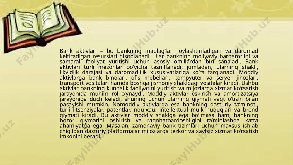 baholashda ham turli usullar qo‘llanadi. xarajat usuli aktivning yaratilishi yoki sotib olinishi uchun ketgan xarajatlar asosida baholanadi. masalan, dasturiy ta’minot yoki litsenziyalarning dastlabki qiymati ularning sotib olish yoki ishlab chiqish xarajatlariga bog‘liq bo‘ladi. bozor taqqoslash usuli shunga o‘xshash aktivlarning bozordagi qiymatiga asoslanadi. patentlar, litsenziyalar yoki intellektual mulk baholashda bu usuldan foydalanish mumkin. kelajakdagi daromad usuli esa aktivning bank uchun kelajakda olib keladigan foydasini hisobga olib, uning qiymatini aniqlashni nazarda tutadi. masalan, mijozlar bazasi yoki brend qiymati shu usul orqali baholanadi. etiboringiz uchun rahmat! image1.jfif image2.png image3.jpeg image4.jpeg /docprops/thumbnail.jpeg