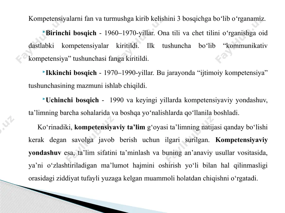 i hisobga olishi katta ahamiyatga ega. nutqiy jarayonda nutq oqimi bilan birgalikda unga qoʻshimcha ravishda qoʻllaniladigan soʻzlovchining yuz, koʻz, lab harakatlari, ovozning baland-pastligi singari turli xil paralingvistik vositalardan foydalanish malaka va koʻnikmasi bolalarda nutqiy muhitni bevosita kuzatish asosida “oʻz dasturi boʻyicha” shakllanadi va nutq oqimini toʻgʻri ishga sola oladi. lingvistik kompetensiya - maktab oʻquvchisining lingvistik kompetensiyasi deganda til sistemasi haqidagi bilimga, lingvistik tafakkurga, yangi til vaziyatlarda bilim va koʻnikmalarini mustaqil qoʻllash tajribasiga ega boʻlgan oʻquvchining shaxsiy xislatlari tushuniladi. boshqacha qilib aytganda, lingvistik kompetensiya ijtimoiy hodisa va belgilar sistemasi sifatida til haqida, tilning qurilishi va funksiyalashishi haqidagi oʻquvchilarning bilim, malaka va koʻnikmasi hamda bulardan turli vaziyatlarda mahorati anglashiladi. lingvistik kompetensiya oʻquvchining ona tili fanining fonetika, leksika, frazeologiya, wmorfologiya, sintaksis, orfografiya, punktuatsiya singari boʻlimlari haqidagi bilimlari, bu bilimlardan turlixil vaziyatlarda foydalanish malaka va koʻnikmasidir. ona tili va adabiyotni oʻqitishga kompetensiyaviy yondashuv bu oʻqituvchi shaxsining yoshlarni til haqidagi bilimlarini oshirish bilan birgalikda, muammoli …