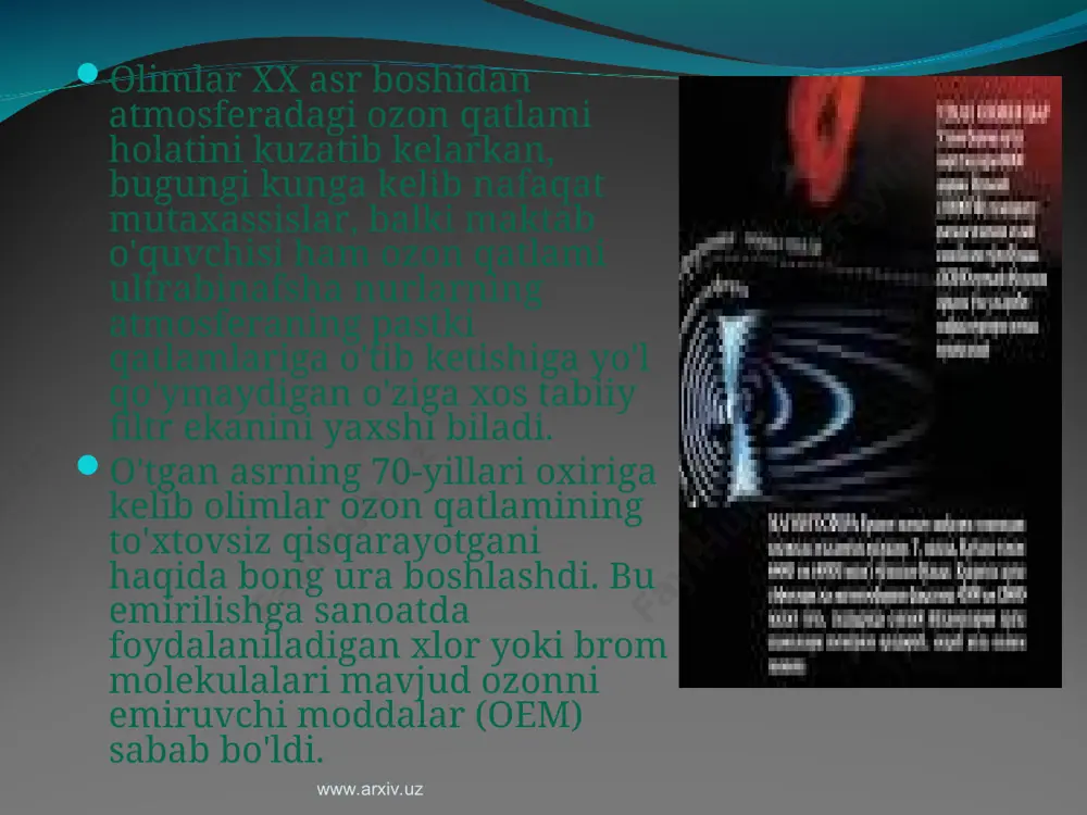 biatga bo’lgan ta’sirining ortib borishi ham sabab bo’lmoqda.hozirgi kunda fan texnalogiya rivojlanib texnikadan chiqayotgan va zavod fabrikalardan chiqayotgan gazlar butun insoniyat, o’simlik va hayvonot olamiga katta havf tug’dirib turibdi. transport vositalarini ko’payishi yer ostidan neft, tabiiy gazlarni chiqarilishi havoni chiqindilar ummoniga aylanishiga sabab bo’lmoqda.shuningdek, ular ozon qatlamining ham yemirilishiga sabab bo’lmoqda. www.arxiv.uz www.arxiv.uz jahon hamjamiyati bu xatarning oldini olish maqsadida ko'pgina chora-tadbirlarni amalga oshirib kelmoqda. 1985 yilda "ozon qatlamini muhofaza qilish to'g'risida"gi vena konventsiyasi qabul qilingan bo'lsa, 1987 yilning 16 sentyabrida oemning alohida shakllarini cheklash, ularni ishlab chiqarish va foydalanishni butunlay to'xtatish majburiyatini ko'zda tutadigan chora-tadbirlar belgilab qo'yilgan monreal bayonnomasi imzolandi. ma'lumotlarga qaraganda, vena konventsiyasiga 184 mamlakat qo'shilgan bo'lsa, monreal bayonnomasini 183 davlat imzolagan. bayonnomaning london tuzatishini 163 davlat, kopengagen tuzatishini – 141, monrealdagini – 81, pekin tuzatishini esa 34 mamlakat ratifikatsiya qilgan. www.arxiv.uz www.arxiv.uz 1993 yilda vena konventsiyasi va monreal bayonnomasiga qo'shilgan mamlakatimiz bu borada muayyan majburiyatlar olgan. ularni …