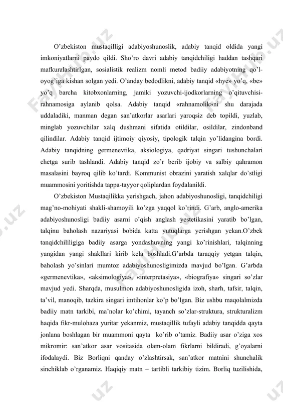 d yedi. sharqda, musulmon adabiyoshunosligida izoh, sharh, tafsir, talqin, ta’vil, manoqib, tazkira singari imtihonlar ko’p bo’lgan. biz ushbu maqolalmizda badiiy matn tarkibi, ma’nolar ko’chimi, tayanch so’zlar-struktura, strukturalizm haqida fikr-mulohaza yuritar yekanmiz, mustaqillik tufayli adabiy tanqidda qayta jonlana boshlagan bir muammoni qayta ko’rib o’tamiz. badiiy asar o’ziga xos mikromir: san’atkor asar vositasida olam-olam fikrlarni bildiradi, g’oyalarni ifodalaydi. biz borliqni qanday o’zlashtirsak, san’atkor matnini shunchalik sinchiklab o’rganamiz. haqiqiy matn – tartibli tarkibiy tizim. borliq tuzilishida, inson muchasi, a’zolarining joylashishida izchil tarkib, tartib bo’lganiday, badiiy asar matnida ham tartibli tarkib mavjud. aniqroq aysak, badiiy asar – betakror struktura, tartibli tarkibiy tizim. bu tizimni uqish, o’zlashtirish yo’rig’i, yo’sini, qoidasi strukturalizmdir. strukturalizm maqsadi adabiy matnning semiologiyasi – ma’nolar ko’p yo’nalishi, ko’p qatligini anglashdir. strukturalizm maqsad-mohiyatini yuzaga chiqarishda asardagi muhim ma’no nuqtalarini belgilab olish jiddiy ahamiyat kasb yetadi. sinchkov nazar strukturalizm matnni turli alfozda tahlil qilish yekanligini payqab yetadi. boshqacha aytganda, strukturalizm va germenevtika, strukturalizm va …