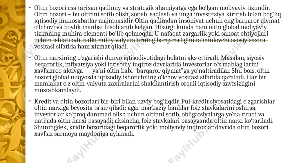hda muhim rol o‘ynaydi. oltin, boshqa aktivlarga nisbatan, uzoq muddatli qiymatini deyarli yo‘qotmaydi, shu bois u ishonchli investitsiya vositasi sifatida e’tirof etiladi. bundan tashqari, oltin bozori xalqaro savdo va moliyaviy operatsiyalarni amalga oshirishda ham muhim ahamiyatga ega. u global moliyaviy tizimning likvidlik darajasiga ta’sir ko‘rsatadi va investorlarga o‘z kapitalini xavfsiz yo‘naltirish imkonini beradi. oltin narxiga ta’sir etuvchi omillar ko‘p va ular o‘zaro bog‘liq holda harakat qiladi. eng asosiy omillardan biri — dunyo iqtisodiy holatidir. agar global iqtisodiyot barqaror bo‘lsa, investorlar ko‘proq riskli aktivlarga (aksiyalar, obligatsiyalar) sarmoya kiritadi va bu holda oltin narxi biroz pasayadi. ammo iqtisodiy inqiroz, siyosiy beqarorlik yoki urushlar davrida investorlar xavfsizroq sarmoya izlaydi va oltin narxi keskin oshadi. ikkinchi muhim omil — aqsh dollari kursidir. oltin narxi asosan dollarda ifodalanadi, shuning uchun dollar qadrsizlanganda oltin narxi ko‘tariladi, aksincha, dollar mustahkamlanganda oltin arzonlashadi. shuningdek, inflyatsiya darajasi ham oltin narxiga sezilarli ta’sir qiladi. inflyatsiya oshgan davrda oltin “qimmatlashadi”, chunki …