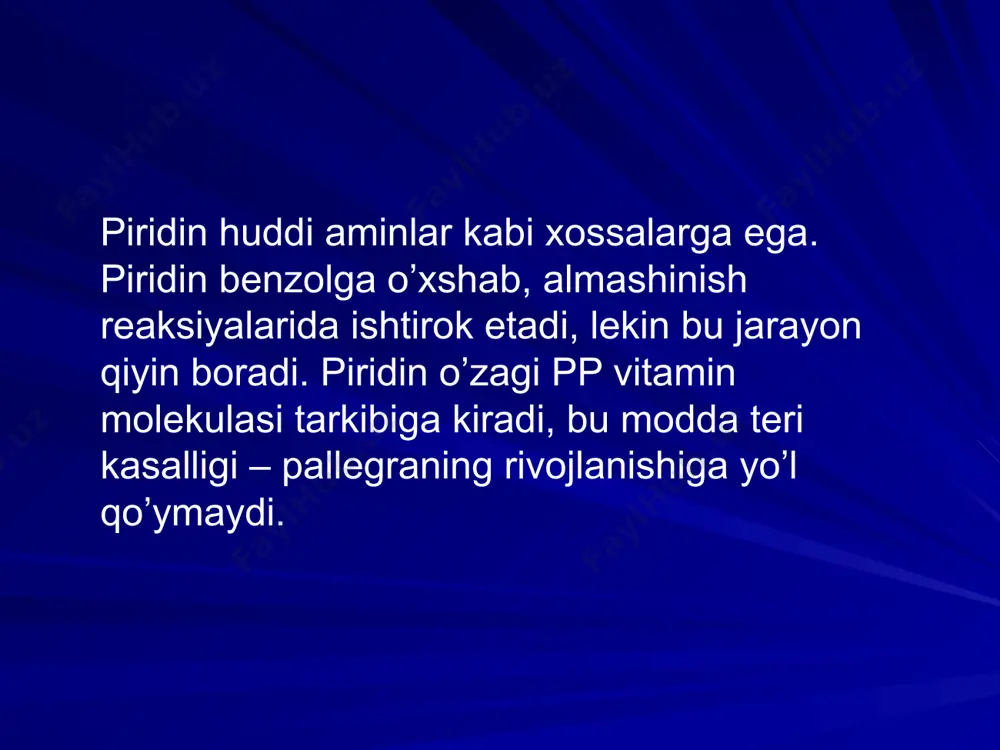 irtda esa kam eriydi. koamid koamid och binafsha rangda, suvda oson eriydi ferramid och sariq rangda, suvda eriydi kimyoviy reaksiyalar dekarboksillanish reaksiyasi. ishqor ta’sirida parchalanish reaksiyasi nikotin kislotasi eritmasi сuso4 eritmasi ta’sir ettirilsa ko’k rangli cho’kma xosil bo’ladi. nikotin kislotaning dietilamidi cuso4 eritmasi va nh4cns ishtirokida avval ko‘k, nh4cns eritmasi qo‘shilgach yashil rangli eritma xosil bo’ladi. ishlatilishi: nikotin kislota va nikotinamid pellagra kasalligida, hamda qand oqsili, xolestrin almashinuvida ishtirok etadi. nikotinamid organizmda sodir bo’ladigan oksidlanish- qaytarilish reaksiyalarini boshqaradigan ferment sistemalar tarkibiga kiradi.preparatlarni jigar, yurak va teri kasalliklarida, qon tomir spazmasida nikotin kislataning dietilamidi nerv sistemasi, nafas yo‘li va yurak faoliyatini yaxshilaydi. nikodin o‘t xaydovchi va bakteriotsid xossaga ega. koamid va feramid anemiyada ishlatiladi. dori shakllari. nikotin kislota va nikotinamid 0,02-0,05 g tabletka va 1-25-5 % li in’eksion eritma xolida, nikotin kislotaning dietilamidi 25 % li in’eksion eritma holida “kordiamin” nomi bilan chiqariladi. nikodin 0,5 g tabletka holida, koamid 1 % …