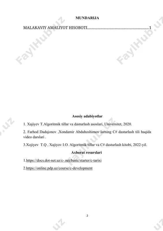 10; console.writeline("birlar xonasidagi son:" + d); c =( m % 100 - d)/10; console.writeline("o'nlar xonasidagi son:" + c); b = (m % 1000 - c * 10 - d) / 100; console.writeline("yuzlar xonasidagi son" + b); a = (m % 10000 - b * 100 - c * 10 - d) / 1000; console.writeline("minglar xonasidagi son:" + a); t = a * b * c * d; console.writeline("t ning qiymati:" + t); console.readkey(); } } } 3.13 shaxmat taxtasining kataklari (x,y) butun sonlar juftligi bilan beriladi . berilgan va kataklar uchun quyidagi mulohazalar mantiqiy ifoda ko‘rinishida yozlsin: sharti: kataklari bir xil rangga using system.collections.generic; using system.linq; using system.text; using system.threading.tasks; namespace mantiqiy_ifodalar { class program { static void main(string[] args) { console.writeline("h1 katakni kiriting"); int h1= convert.toint16(console.readline()); console.writeline("v1 katakni kiriting"); int v1 = convert.toint16(console.readline()); console.writeline("h2 katakni kiriting"); int h2= convert.toint16(console.readline()); console.writeline("v2 katakni kiriting"); int v2 = convert.toint16(console.readline()); if ((h1+ v1) …