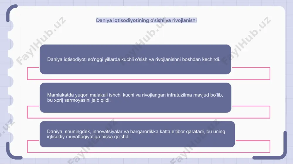 a bir qiyinchilik - qayta tiklanadigan energiya manbalariga sarmoya kiritishni talab qiladigan yashil iqtisodiyotga o'tish. biroq, daniya iqtisodiyoti uchun ham imkoniyatlar mavjud. mamlakatda iqtisodiy o'sishni ta'minlaydigan innovatsiyalar va tadqiqotlarga katta e'tibor qaratilgan. bundan tashqari, daniyada malakali ishchi kuchi va biznes uchun qulay muhit mavjud. daniya iqtisodiyotidagi fiskal va pul-kredit siyosati daniya iqtisodiyoti fiskal va pul-kredit siyosatining aralashmasi bilan tavsiflanadi. fiskal siyosat deganda hukumatning iqtisodiyotni nazorat qilish uchun soliq va xarajatlardan foydalanishi tushuniladi. boshqa tomondan, pul-kredit siyosati markaziy bank tomonidan pul massasi va foiz stavkalarini boshqarishni o'z ichiga oladi. 1 2 3 globallashuvning daniya iqtisodiyotiga ta'siri globallashuv daniya iqtisodiyotiga sezilarli ta'sir ko'rsatdi, bu boshqa davlatlar bilan savdo va iqtisodiy integratsiyaning kuchayishiga olib keldi. bu daniya korxonalari uchun imkoniyatlar va qiyinchiliklarga olib keldi, chunki ular global bozorda raqobatlashishga moslashishlari kerak. bundan tashqari, globallashuv daniya mehnat bozorida o'zgarishlarni keltirib chiqardi, ish o'rinlari uchun raqobat kuchaydi va ishchilarning yangi ko'nikmalarga ega bo'lish zarurati. daniya …