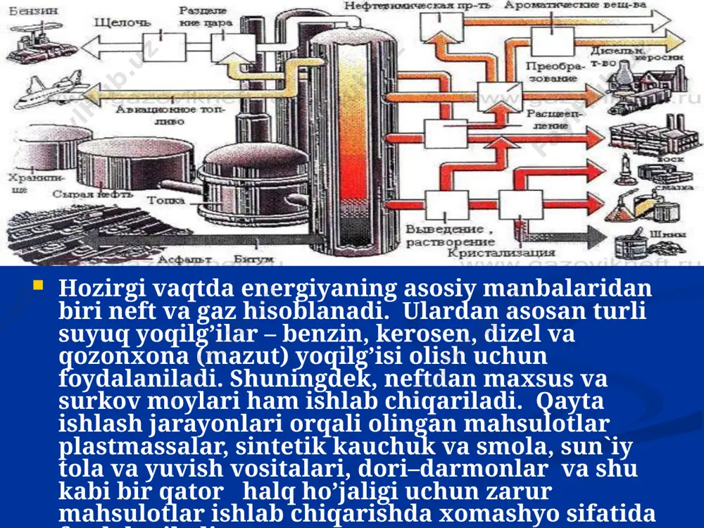 an atrof muhit temperaturasida yuqori bosim ta`siridagi gazning to’yingan bug’lari ajralishida o’zi bilan birga benzin fraksiyalaridagi kerakli engil kompotentlarni olib chiqadi. bunday bug’lanish rezervuarlarda neft va neft mahsulotlarini quyish va bo’shatish vaqtida kuzatiladi. shuning uchun yo’qotishlar 5% (mass.) gacha bo’lishi mumkin. bunan tashqari neft gazlarini bo’lishi gaz quvurlarida bug’ tig’inlarini hosil qilish hususiyatiga ega bo’lib, qaysisi uzatishni qiyinlashtiradi. yengil uglevodorodlar va unga mos keluvchi bosimlar quyida keltirilgan temperatura,0с 0 10 20 30 40 50 bosim, mpa etan 2.31 2.92 3.65 4.50 - - propan 0.46 0.62 0.82 1.06 1.34 1.66 n–butan 0.10 0.14 0.20 0.27 0.37 0.48 neftni barqarorlashtirish qurilmasining texnologik sxemasi: 1-quvurli pech; 2, 13-kolonnalar; 3, 4, 5, 11, 20-nasoslar; 6, 17-issiqlik almashtirgichlar; 7-qizdirgich; 8,14-sovitgich-kondensatorlar; 9-gaz-suv ajratkich; 10,16-redukcion klapanlar; 12-qaynatgich; 15-gaz separatori;18-sovitkich; 19-havoli sovitish jihozi. gaz chiqarish quvuriga 10-reduksion klapan o’rnatish orqali kolonna 2 da va 9-jihozdagi bosim barqarorligi saqlanadi. gaz-suv ajratkich vertikal ustunlarga bo’lingan bo’lib, qurilmaning pastki qismidan …