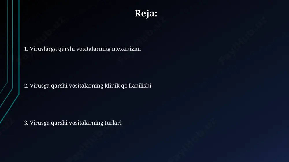 viruslarga qarshi vositalarni oqilona qo'llash va profilaktika virusli infektsiyalarni oldini olish uchun shaxsiy gigiena qoidalariga (qo'llarni tez-tez yuvish, niqob taqish) va immunitetni mustahkamlashga alohida e'tibor berish, kamida 7 soat uyquga ega bo'lish muhimdir. viruslarga qarshi dori vositalarini faqat shifokor tavsiyasi bilan, aniq dozalarga rioya qilgan holda, 5 kunlik kursdan kam bo'lmagan muddatda qo'llash kerak. viruslarga qarshi vositalarning klinik qo'llanilishi gerpes simplex virusiga qarshi asiklovir kabi antiviral preparatlarning qo'llanilishi odatda 7-10 kun davom etadi va klinik belgilarning yengillashishiga olib keladi. influenza virusini davolashda oseltamivir kabi neuraminidaza inhibitörlerinin 48 soat ichida qo'llanilishi kasallik davomiyligini 1-2 kun qisqartirishi mumkin. viruslarga qarshi vositalarning yon ta'siri va kontrendikatsiyalari interferonlar kabi antiviral preparatlar, yuqori dozalarida grippga o'xshash alomatlarni, masalan, isitma va mushak og'rig'ini keltirib chiqarishi mumkin, bu esa bemorlarning 20% da uchraydi. ba'zi antiviral preparatlar, masalan, asiklovir, 10% hollarda ko'ngil aynishi va qusish kabi oshqozon-ichak trakti buzilishlarini keltirib chiqarishi mumkin. e'tiboringiz uchun rahmat @taqdimot_robot image1.jpg image2.jpg …