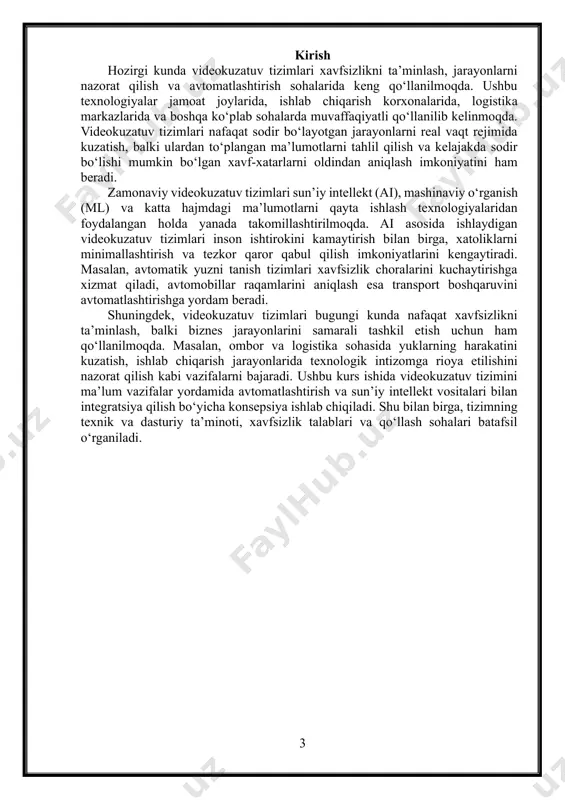 i mavjud; xodimlarning faoliyatini kuzatish va tahlil qilishga yordam beradi. videokuzatuv tizimlarini tanlashda e’tiborga olish kerak bo‘lgan jihatlar tasvir sifati – yuqori aniqlikdagi kameralar yaxshiroq natija beradi; saqlash hajmi – yozuvlar qancha muddat saqlanishi muhim; tarmoq imkoniyatlari – ip kameralar yaxshi internet bilan samarali ishlaydi; ob-havo va tashqi ta’sirlarga bardoshlilik – ochiq havoda ishlaydigan kameralar maxsus himoya qoplamasiga ega bo‘lishi kerak. videokuzatuv tizimlari zamonaviy xavfsizlikning ajralmas qismi bo‘lib, ular korxonalar, omborlar, transport va jamoat joylarida samarali qo‘llaniladi. videokuzatuv tizimlari xavfsizlikni ta’minlash, jarayonlarni monitoring qilish va dalillarni saqlash uchun keng qo‘llaniladi. ushbu tizimlar turli sohalarda – tijorat, sanoat, davlat muassasalari va xususiy sektorlar uchun muhim ahamiyatga ega. quyida videokuzatuv tizimlarining asosiy jihatlari va ularning ishlash tamoyillari batafsil yoritiladi. videokuzatuv tizimining tarkibiy qismlari har qanday videokuzatuv tizimi quyidagi asosiy komponentlardan iborat: kuzatuv kameralarining turlari analog kameralar – an’anaviy tizimlar bo‘lib, signalni dvr orqali qayd etadi. ip (internet protocol) kameralar – raqamli texnologiya …