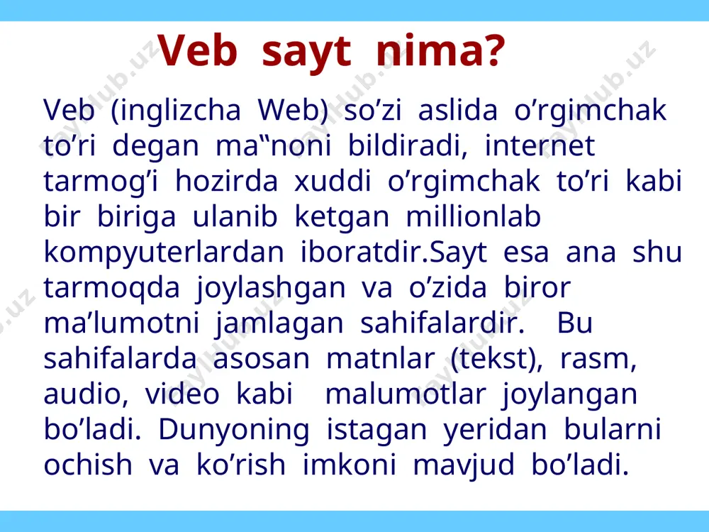 ing frontpage express muharriri web yaratuvchilari uchun foydali maslahatlar fayllarni web - serverga joylash mazkur namoyishda quyidagi savollar bilan tanishib o‘tamiz: web - ustasi: web -sahifasini yaratuvchi tarmoq axborot tugunini boshqaruvchi mutaxassis. web- saytini yaratish va uni muntazam yangilab turish uchun bir yoki ikki web-ustasi kerak bo‘ladi. web-ustalari web- tuguni ishini doimo boshqarib turadilar. ularning vazifalariga ishoratlarni tekshirish, tugunning kiruvchi yolini kuzatish, sahifa o‘quvchilarining fikrlarini va takliflarini yig‘ib doimiy o‘quvchilar doirasini yaratish, shuningdek serverga texnik xizmat ko‘rsatish va uning muhofazasini ta'minlash kiradi. bundan tashqari u brauzerlar va almashinuvchi dastur modullarining yangi rusumlari bilan moslikni ta'minlash uchun tugunni takomillashtiradi hamda dizayn elementlarining yangi variantlarini yaratadi. web - serverda joylanadigan axborotning tuzilishi. bu bosqichda web-tugunda nimani ifodalamoqchiligingizni tushunishingiz kerak. bo‘lajak o‘quvchilaringizga qanday axborot va qay yo‘sinda ko‘rsatilishi kerak? masalan, tashkilot faoliyatining maqsadlari. bu maqsadlarga erishish uchun qo‘llanilayotgan usul va texnologiyalar. qanday ishlar bajarilgan? e'lon qilingan ma'lumotlar. ishtirokchilar tarkibi va sh.k. shuningdek bu …