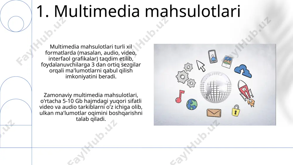 sita bo'lib, milliy madaniyatlarning saqlanishi va rivojlanishiga katta ta'sir ko'rsatadi. axborot madaniyati, global miqyosda 24/7 formatda ishlaydigan ommaviy axborot vositalari orqali milliardlab odamlarga tezkor va samarali tarzda ma'lumot yetkazish imkonini berib, demokratiya va ijtimoiy taraqqiyotga turtki bo'ladi. 10. an'anaviy va raqamli ommaviy axborot vositalari an'anaviy oav, masalan, gazetalar va radio, o'rtacha 10-15 yillik ish tajribasiga ega mutaxassislarni talab qiladi, raqamli oav esa tezkor yangilanishlar tufayli 3-5 yillik tajribaga ega yosh mutaxassislarni afzal ko'radi. an'anaviy ommaviy axborot vositalarining o'rtacha nashr aylanishi 100.000 dan oshmaydi, raqamli oav esa millionlab foydalanuvchilarga onlayn kirish imkoniyatini beradi. 11.global axborot maydonida milliy madaniyatni saqlash жаҳон ахборот майдонида ўзбек тили ва адабиётининг 20 дан ортиқ онлайн платформаларда тарқатиш орқали сақланиши ва ривожланишига эришиш мумкин. ахборот технологияларидан фойдаланган ҳолда, миллий фильмлар, мусиқа ва бошқа маданий маҳсулотларни 50 тадан ортиқ давлатга тарқатиш орқали глобал миқёсда танитиш мумкин. 12.televizion va radio mahsulotlari turlari radio mahsulotlari orasida 10 dan ortiq turdagi …
