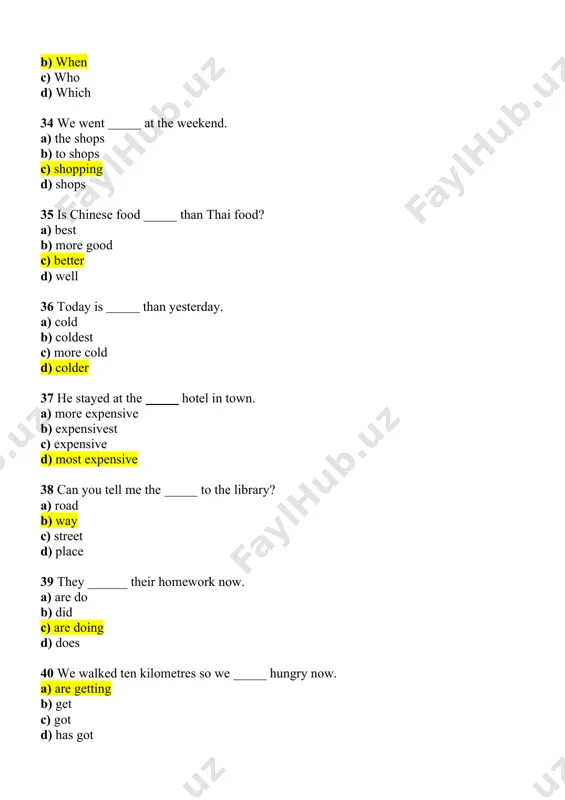 b) does live c) ’s living d) lived 104 what of doing now? a) are you think b) do you think c) think you d) are you thinking 105 i so tired that i went to bed shortly after dinner. a) ’m b) had been c) was d) ’ve felt 106 have you told them the good news ? a) just b) yet c) last night d) never 107 thai food? a) did she ever ate b) has she ever eaten c) does she ate d) have she ever eaten 108 we to work yesterday when we heard a loud crash behind us. a) was walking b) ’ve walked c) were walking d) walked 109 they realised they to take her address so they had to go back and get it. a) ’ve forgot b) ’d forgot c) ’d forgotten d) were forgot 110 he there before so he found …