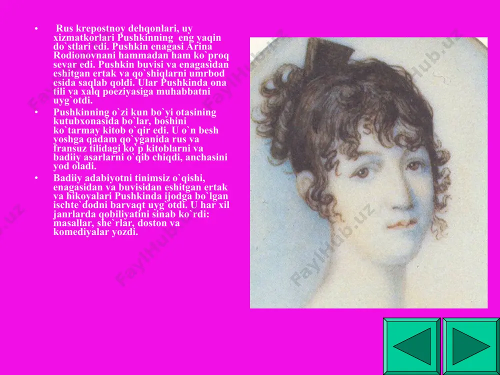 g`ularini uyg`otdi. pushkin va uning o`rtoqlari litseydalik vaqtlaridayoq krepostnoy tuzumning nobopligi va adaolatsizligini tushunib olgan ilg`or kishilar bilan tanishadilar. ularning fikrlari, nutqlari va xatlari pushkinning o`z hayotini xalqqa va uning ozodligi uchun kurashga bag`ishlash kerakligini anglashga yordam beradi. pushkin litseyda o`qib yurgan vaqtlaridayoq she`rlar yoza boshlaydi pushkinning shoirlik shuhrati litsey doirasidan chetga chiqadi. uning matbuotda bosilgan ilk asari 1814 yildan «vestnik yevrope» («yevropa axboroti») jurnalida «shoir do`stimga» she`ri bo`lib, mazmuniga ko`ra u kyuxelbekkerga bag`ishlangan edi. pushkin yozgan ilk she`rlari qo`lma-qo`l bo`lib ketadi va u ko`pchilikning e`tiborini qozonadi. hatto jukovskiydek atoqli shoir pushkin bilan tanishish uchun atayin litseyga keladi. jukovskiy keyinroq shoir p.a.vyazemskiyga yozgan maktubida litseyga borish tafsilotini to`la bayon qilib pushkinni «adabiyotimizning umid yulduzi» deb ataydi. u yana: «biz hammamiz birlashib, bu iste`dodning o`sishiga yordam bermog`imiz darkor. kelgusida u hammamizni ortda qoldiradigan ulug` shoir bo`lib yetishadi», deydi. pushkin 1815-yil yanvarida litseyda tantanali imtihon vaqtida mashhur shoir derjavin huzurida yangi yozgan …