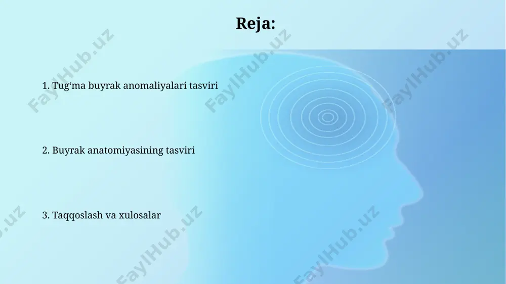tushadi. buyrakning limfa drenaji asosan ikki guruh limfa tugunlariga – buyrak atrofidagi va paraaortik tugunlarga yo'naladi, ularning soni individual ravishda farq qilishi mumkin. duplikatsiya anomaliyalari duplikatsiya anomaliyalari ikki tomonlama buyraklarning 25% gacha bo'lgan hollarda uchraydi va ularning turli darajadagi birlashishi bilan tavsiflanadi. buyrak to'qimasining to'liq yoki to'liq bo'lmagan ikkiga bo'linishi, shu jumladan, ikkita alohida siydik yo'llari bilan 1:1000 tug'ilish chastotasi bilan kuzatiladi. buyrak parenximasining mikroskopik tuzilishi buyrak parenximasida turli xil hujayra turlari, jumladan, epiteliy hujayralari, mezangiy hujayralar va interstitsial hujayralar mavjud boʻlib, ularning nisbati va tuzilishi buyrakning normal faoliyati uchun muhim ahamiyatga ega. buyrak parenximasining asosiy funktsional birligi – nefron boʻlib, u taxminan 1 milliontadan ortiq boʻladi va glomerulus, proksimal va distal buyrak naychalari, henle halqasidan iborat. podkovasimon buyrak подковасимон буйракда буйракнинг иккита бўлаги ўртасидаги томирларнинг аномал тузилиши кузатилади, бу эса 5% гача чақалоқларда учрайди. подковасимон буйракда буйрак паренхимасининг гипоплазияси ва нефронлар сонининг камайиши 20-30% ҳолатларда аниқланади. ektopiya pelvik ektopiya, …