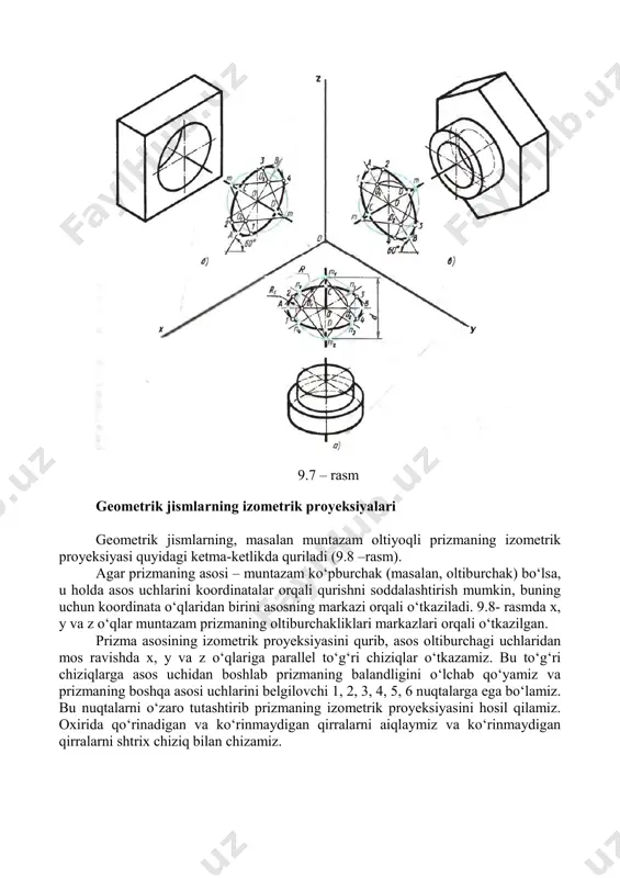 , d, e piramida asosi uchlarining izometrik proyeksiya- larini quramiz. masalan, a nuqtaning izometrik proyeksiyasi quyidagicha quriladi. belgilangan o nuqtadan x о‘qi bо‘ylab /dax a  koordinatani о‘lchab qо‘yyamiz. uning oxiridan y о‘qiga parallel tо‘g‘ri chiziq о‘tkazib, unga nuqtaning ikkinchi /day a  kordinatasini о‘lchab qо‘yyamiz. qolgan nuqtalarning izometrik proyeksiyalari ham shu kabi quriladi. sо‘ngra koordinatalar bо‘yicha piramida balandligi qurilib s nuqta – piramidaning chо‘qqisi hosil qilinadi. s nuqtani a, b, c, d, e nuqtalar bilan tutashtirsak piramidaning izometrik proyeksiyasi hosil bо‘ladi. berilgan kompleks chizmasi bо‘yicha detalning izometrik proyeksiyasini qurish ketma-ketligi 9.11 – rasmda kо‘rsatilgan. detal xayolan oddiy geometrik elementlarga ajratiladi, mazkur holatda prizmasimon elementlarga ajratish mumkin (9.11–rasm,b). aylanalarning markazi topiladi (9.11 – rasm, v). sо‘ngra qurish chiziqlari olib tashlanib, tasvir konturi asosiy chiziq bilan qalinlashtiriladi (9.11 – rasm, g). 9.10 – rasm. 9.11 – rasm predmetning ichki shakli kо‘rinishi uchun detalning chorak qismi kesiladi. aksonometrik proyeksiyalarda qirqim berish ikki …