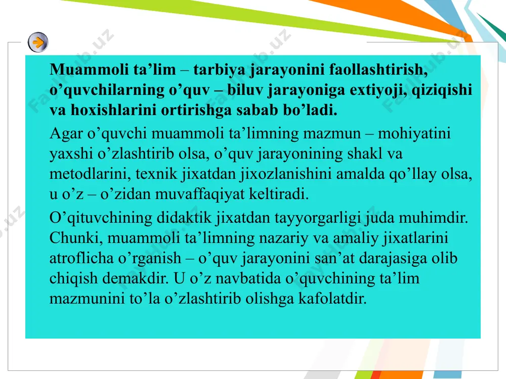 muammoli vaziyatni keltirib chiqarish; muammoli vaziyatni asoslash, tushuntirish; muammoli vaziyatni o’quvchilar bilan tahlil qilish; muammoli vaziyat yechimining bir necha usullarini aniqlash; muammoli vaziyatning samarali yechimini dalillar bilan asoslash; muammoning natijaviy yechimini tanlab, har tomonlama baholash. ilmiy izlanish tajriba – sinovlar, pedagogik amaliyotlar shuni ko’rsatadiki, muammoli vaziyatlarni hamma o’quv faoliyatlariga nisbatan quyidagi tiplarga bo’lish mumkin: birinchi tip. agar o’quvchilar oldiga vazifalar qo’yilib, qo’yilgan masalalarga hayotdan o’quv materiali asosida javob talab qilinsa, muammoli vaziyat kelib chiqadi. ikkinchi tip. o’quvchilar ilgarigi darslarda olgan bilimlarini yangi mavzuni o’zlashtirish zarurligiga uchrab qolsalar. yangi mavzuning yechimi ilgari olgan bilimlarini o’zlashtirganliklarini talab etib, vaziyatdan chiqa olmay qolsalar. uchinchi tip. muammoli vaziyat shunday hollarda ham uchrashi mumkinki, o’quv topshirig’ini amalda bajarish uchun o’qituvchida isbot, nazariy asos bo’lmasa. muammoli o’qitish metodlari: muammoni bayon etish, bunda pedagog mustaqil ravishda muammoli vaziyatni keltiradi va uning yechimini mustaqil qidiradi va topadi. pedagog mustaqil ravishda muammoni qo’yadi, ammo uning yechimini o’quvchilarni jalb qilgan …