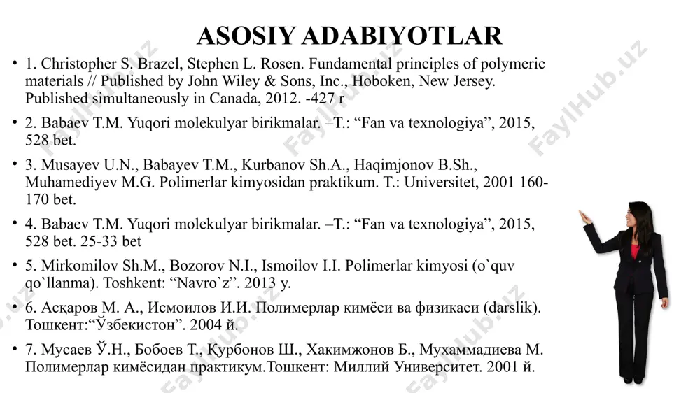 nomi - yuqorimolekulali birikmalar. uning qisqaroq "polimer" deb ataluvchi sinonimik fan, texnika va hayotda ko‘p ishlatiladi. polimerlar molekulasi juda katta molekulyar massaga ega bo‘lgani uchun makromolekula deb ataladi. odatda, molekulyar massasi 500 dan bir necha milliongacha bo‘lgan moddalar yuqori molekulyar birikmalar hisoblanadi. molekulyar massasi 500 dan 5000 gacha bo‘lgan moddalar xossalari jihatidan quyi molekulyar birikmalarga ham, yuqori molekulyar birikinalarga ham o‘xshamaganligi uchun rasman oligomerlar deb ataladi. pоlimerlаr kimyosi fаniga kirish vа rivоjlаnish tarixi. nisbiy molekulyar massalarining kattaligiga ko‘ra kimyoviy moddalar 3 guruhga bo‘linadi: quyi molekulyar birikmalar m < 103; smolalar 103< m < 104; polimerlar 104< m < 106 kimyoviy bog‘lar vositasida uzun, chiziqsimon, tarmoqlangan yoki to‘rsimon zanjirlarga tartibli yoki tartibsiz ketma-ket birikkan bir xil yoki har xil atomlar guruhlaridan tashkil topgan birikmalar polimerlar deb ataladi. pоlimerlаr kimyosi fаniga kirish vа rivоjlаnish tarixi. polimerlarga oid kimyo, asrimizning 30-yillaridan boshlab mustaqil fan sifatida jadal sur'atlar bilan rivojlana boshlab, bu sohadagi turli …