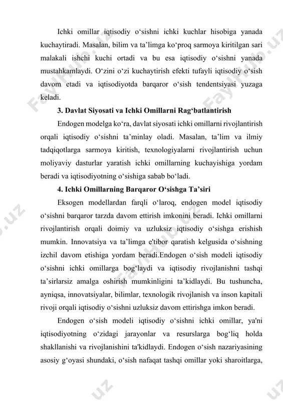 odiy o‘sishni ta’minlaydi, balki barqaror rivojlanish uchun ham zamin yaratadi. mamlakatda ta’lim darajasining oshishi, sog‘liqni saqlash tizimining yaxshilanishi va malakali ishchi kuchining ko‘payishi o‘sishni uzoq muddat davomida ta’minlashga yordam beradi. davlat siyosati va rag‘batlantiruvchi dasturlar davlat iqtisodiy o‘sishni rag‘batlantirish uchun turli mexanizmlar va dasturlardan foydalanishi mumkin. endogen o‘sish modeliga ko‘ra, davlatning faolligi, ya'ni ichki omillarni rivojlantirishga qaratilgan siyosatlar iqtisodiy o‘sishga bevosita ta’sir ko‘rsatadi. ilmiy tadqiqot va rivojlanish (r&d): davlat ilmiy tadqiqot va rivojlanish faoliyatlarini qo‘llab-quvvatlab, yangi texnologiyalar va innovatsiyalar yaratilishiga sharoit yaratadi. bu esa iqtisodiy o‘sishga ijobiy ta’sir ko‘rsatadi. ta’lim va inson kapitali rivojini qo‘llab-quvvatlash: davlatning ta’limga ajratgan mablag‘i ko‘proq va sifatli ishchi kuchi paydo bo‘lishiga yordam beradi. masalan, oliy o‘quv yurtlariga va kasb-hunar ta’limiga ajratilgan mablag‘ning ko‘pligi mamlakatda raqobatbardosh va malakali kadrlarni tayyorlaydi. innovatsiya siyosati: davlat innovatsion korxonalarni qo‘llab-quvvatlasa, iqtisodiyotda raqobat va o‘sish kuchayadi. ushbu siyosatlar davlat tomonidan subsidiyalar, imtiyozlar va grantlar shaklida amalga oshirilishi mumkin. bozor strukturasining ijobiy …