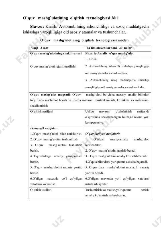 ujum orqali bilimlarini faollashtirish. 2. dars mashg`ilot mavzusi bo`yicha umumiy ma`lumot beriladi, dars jarayoni tushuntiriladi. joriy yuriqnoma . yangi o`quv materiyali bo`yicha amaliy mashq bajarish.3.ta`lim oluvchilarni ish joylariga taqsimlash amaliy ish yuzasidan yuriqnomali texnologik xarita hamda mustaqil ish bajarish uchun hom-ashyo tarqatiladi va ko`rsatma beriladi. 4.mustaqil ishlarni bajarilishini maqsadli aylanish vaqtida nazorat qilinadi va ish jarayoni o`quvchilar tamonidan qo`yilgan xatolarni ko`rsatadi. yakuniy yo`riqnoma (10daq): 5.mashg`ulot tugagandan so`ng ish joylarini talab darajasiga keltiriladi. savollarga javob berish.tinglaydilar, chizadilar, yozib oladilar. o`quvchilar o`z ish joylariga turadilar, mashg`ulot rahbari ko`rsatmalar va yuo`riqli texnologik xaritaga rioya qilgan holda bajaradilar. xatolarini to`g`rilaydilar. foydalangan jihozlarini mashg`ulot rahbariga topshiradilar. ish joyini tozalaydilar. 3-bosqich yakuniy (10 daq) yakunlash : 1.o`quvchilarni mashg`ulot bo`yicha baholarini e`lon qilish. 2.kelgusi kasbiy faoliyatlarida amaliyotda bajargan ishlarini ahamiyati va muhimligiga o`quvchilarni e`tiborini qaratish. 3.uyga vazifa beriladi. tinglaydilar . topshiriqlarni yozib oladilar avtomobilning ishonchliligi va uzoq muddatgacha ishlashga yaroqliligiga oid asosiy atamalar va tushunchalar avtomobil transporti …